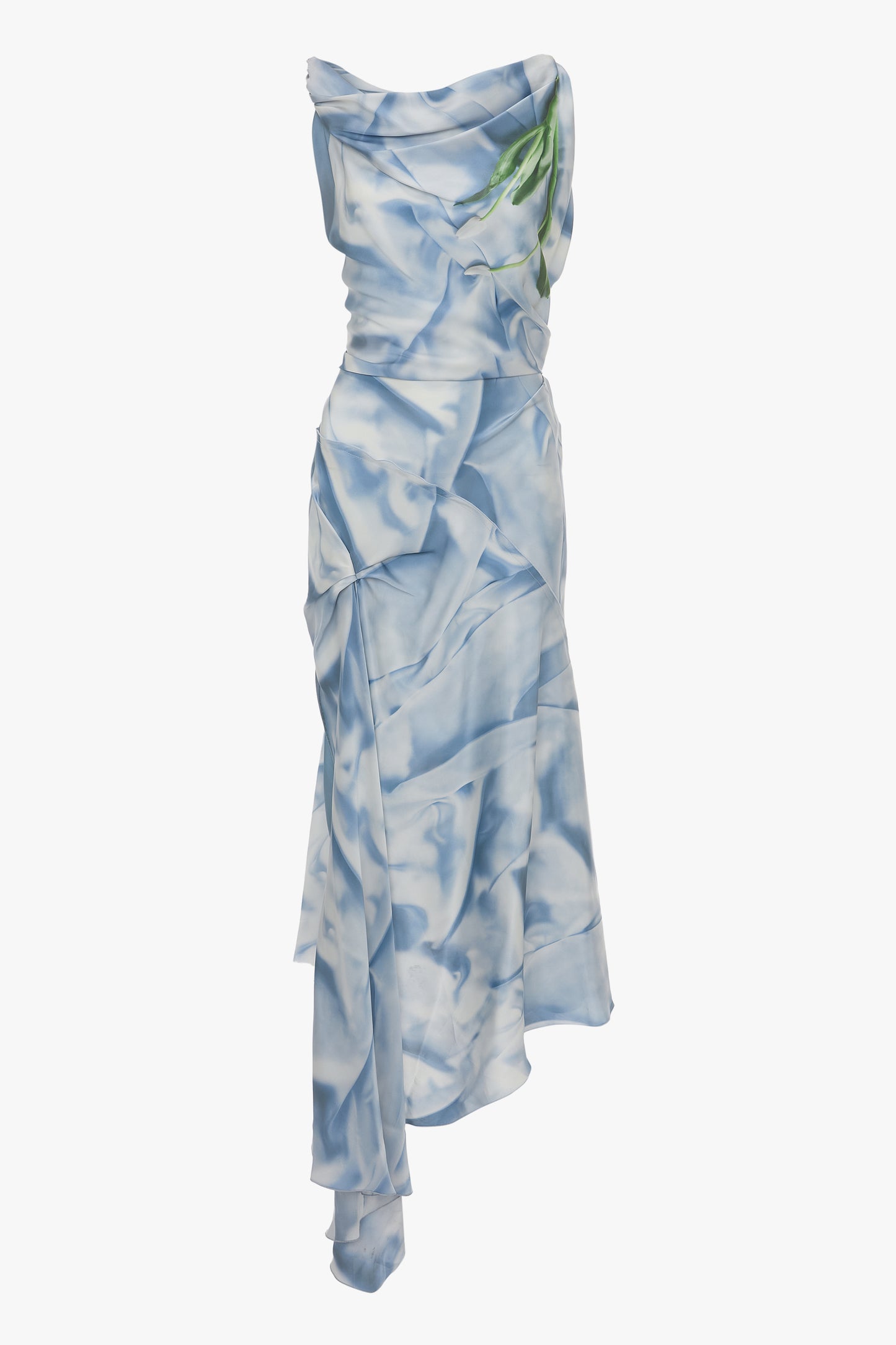 Asymmetric Draped Midi Dress In Ice Blue Satin Flowers