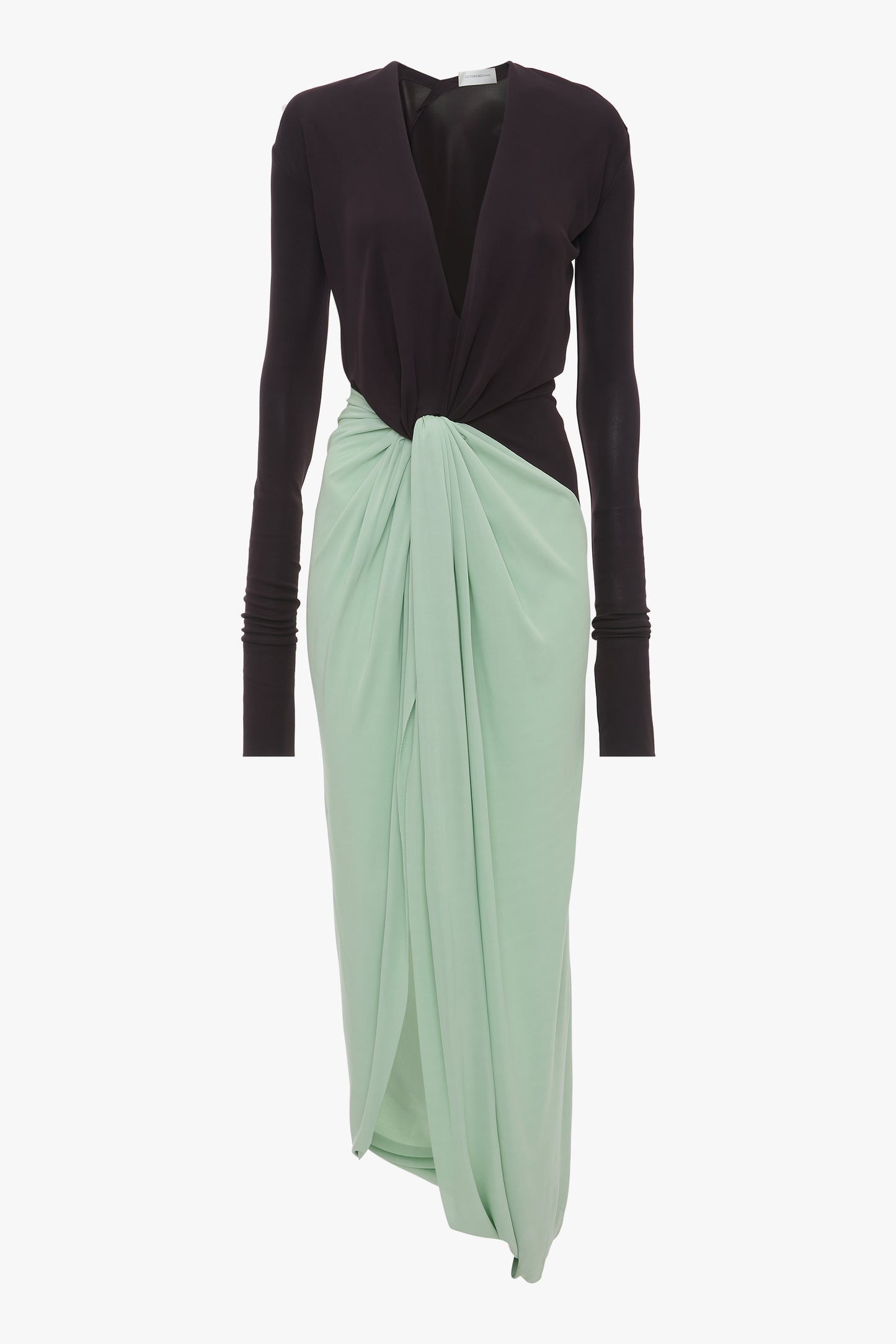 Long Sleeve Knot Detail Jersey Gown In Ebony-Jade