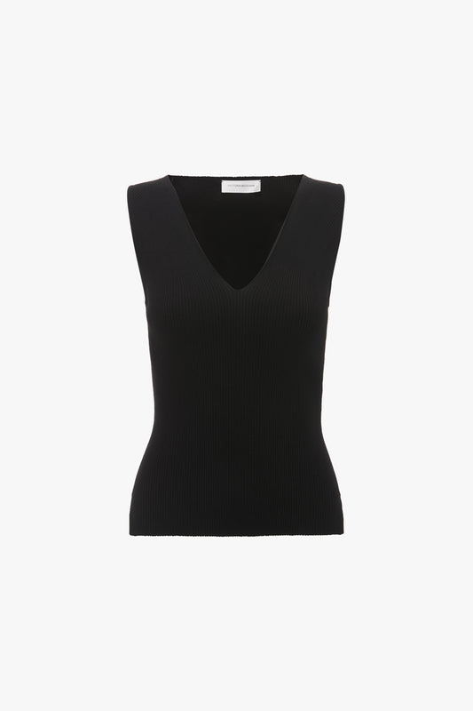 Rib Detail V-Neck Tank In Black