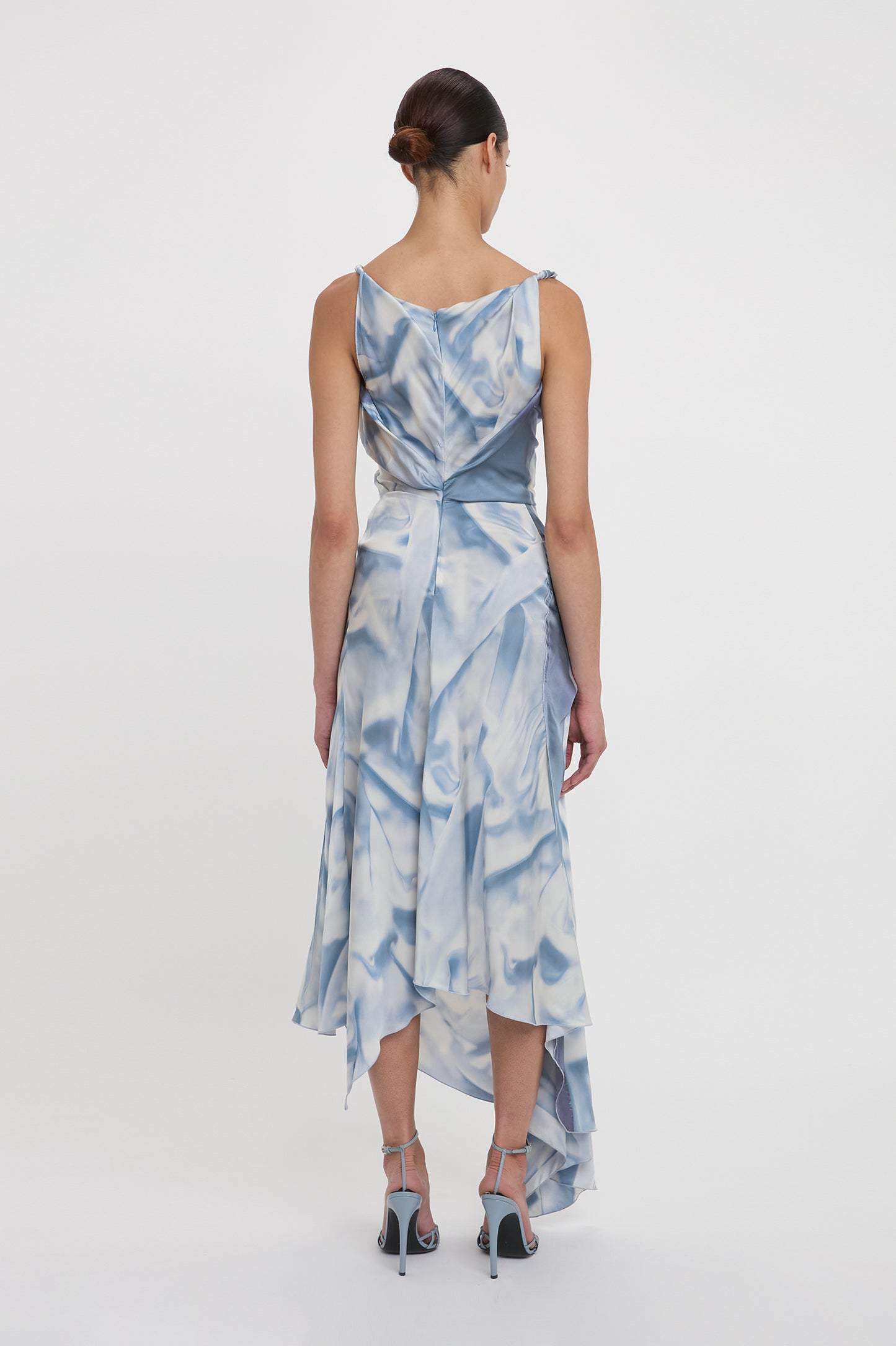 Asymmetric Draped Midi Dress In Ice Blue Satin Flowers