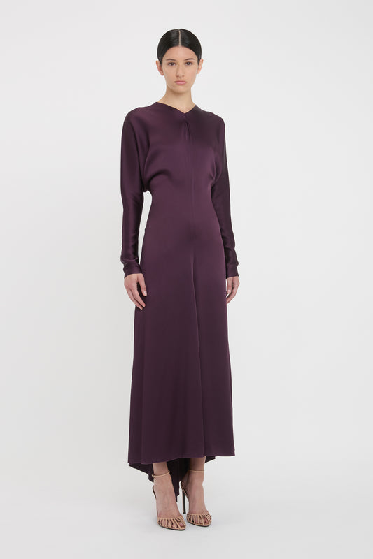 Long Sleeve Draped Midi Dress In Fig