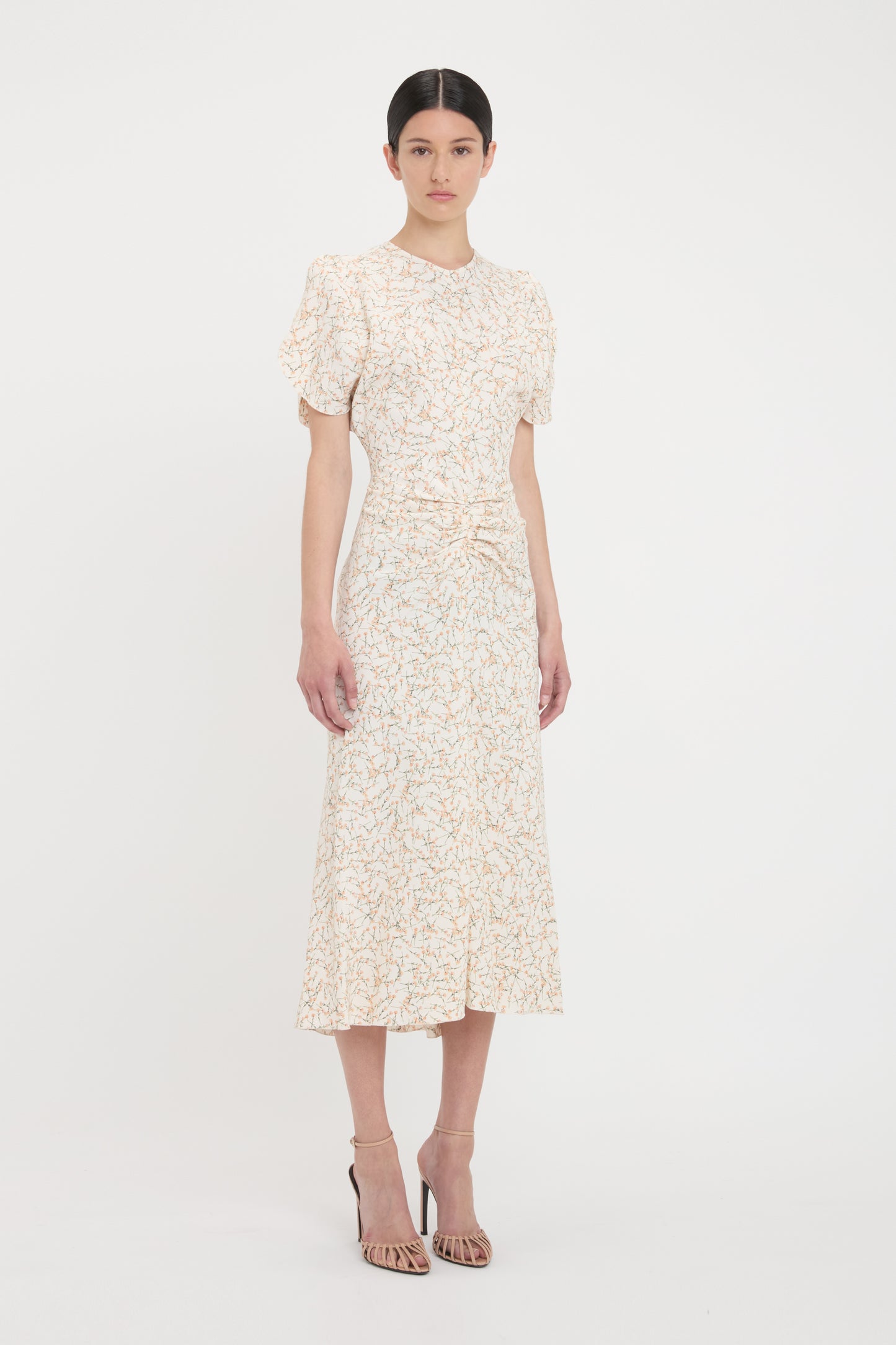 Gathered Waist Midi Dress In Floral Ovation Peach