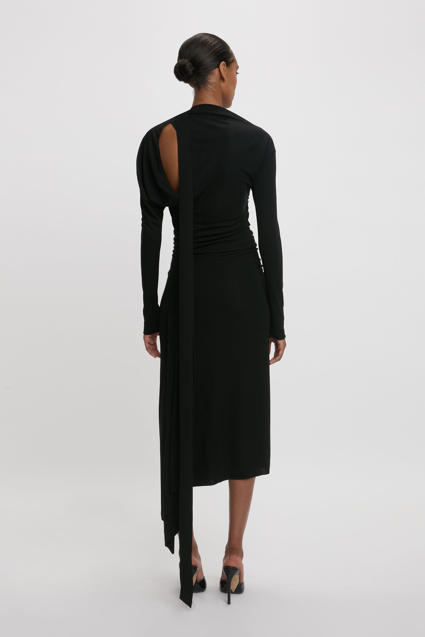 Slash-Neck Ruched Midi Dress In Black