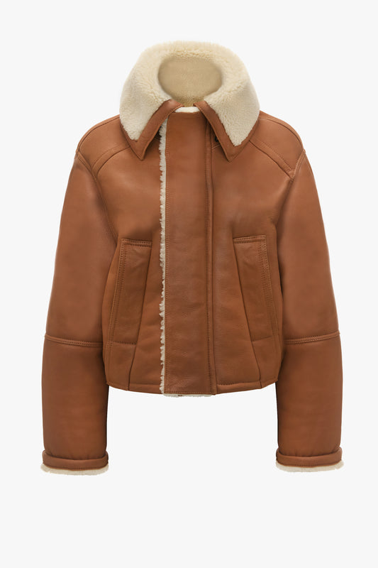 Shearling Pea Coat In Tan-Cream