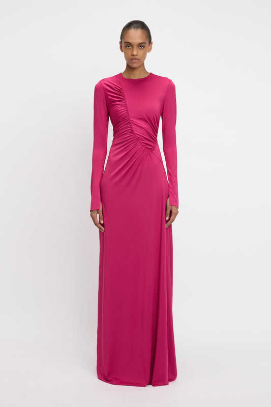 Ruched Detail Floor-Length Gown In Cherry