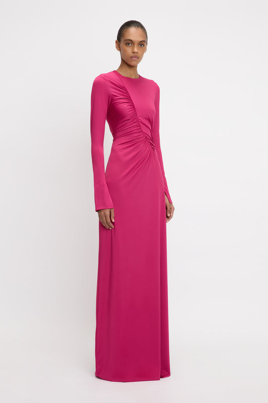 Ruched Detail Floor-Length Gown In Cherry