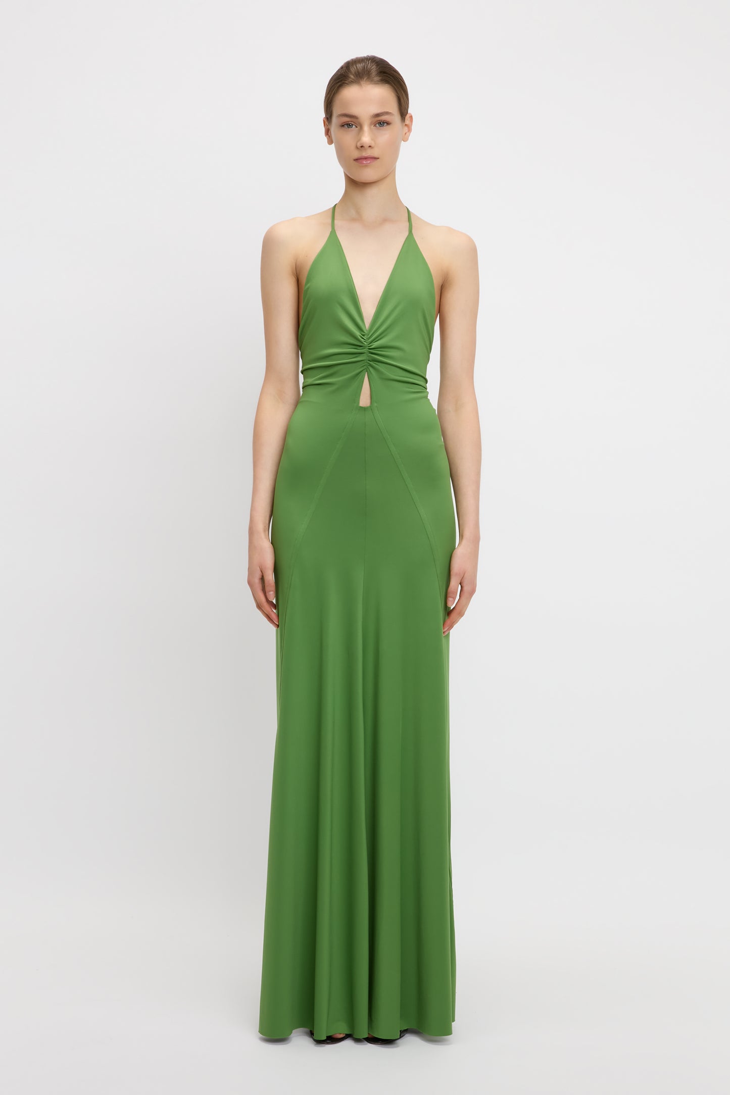 V-Neck Ruched Cami Gown In Algae