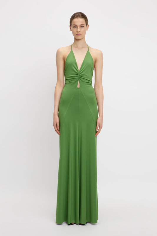 V-Neck Ruched Cami Gown In Algae