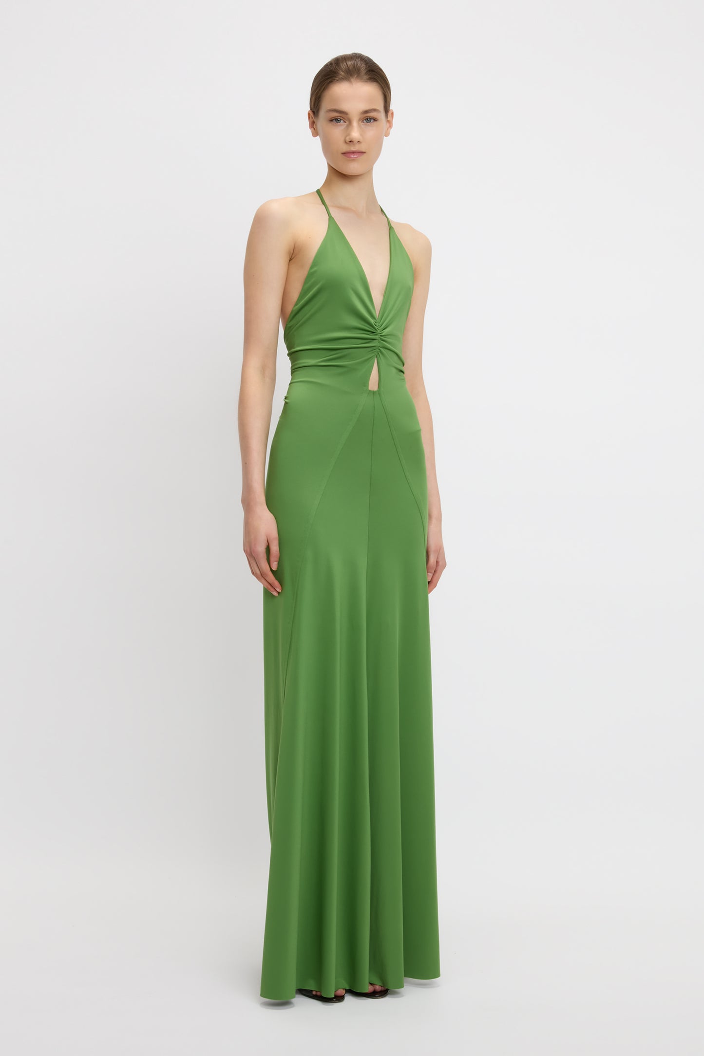 V-Neck Ruched Cami Gown In Algae