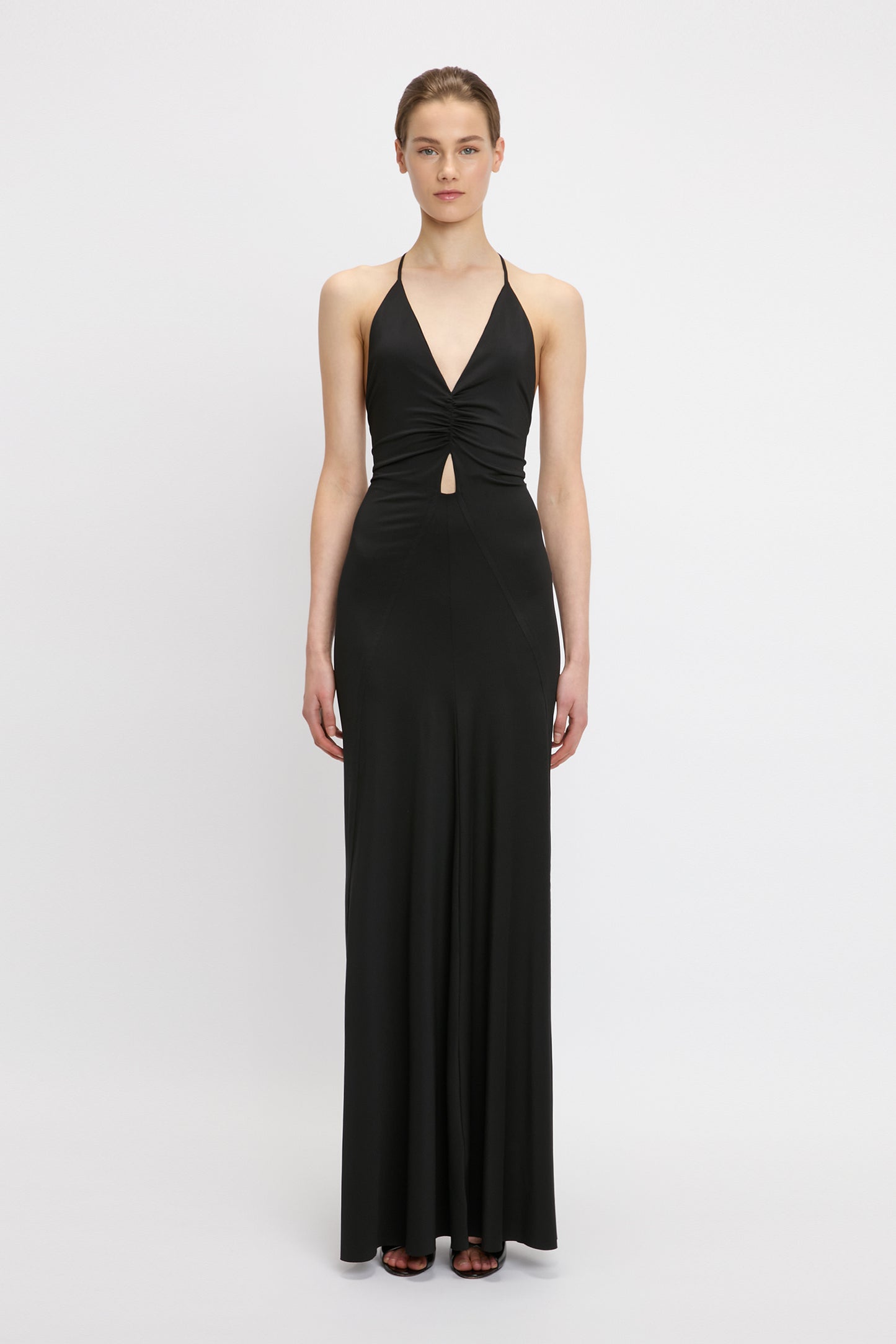 V-Neck Ruched Cami Gown In Black