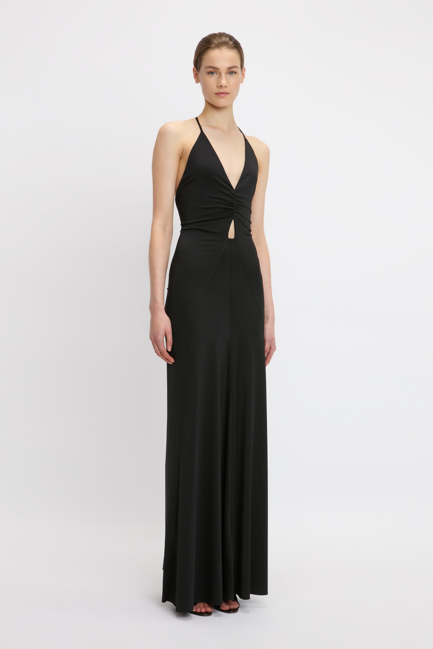 V-Neck Ruched Cami Gown In Black