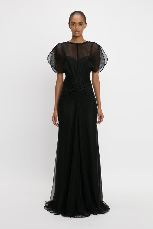 Sheer Gathered Waist Floor-Length Dress In Black