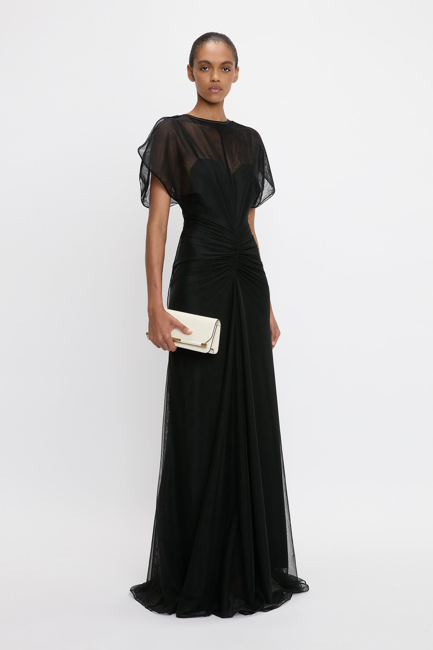 Sheer Gathered Waist Floor-Length Dress In Black