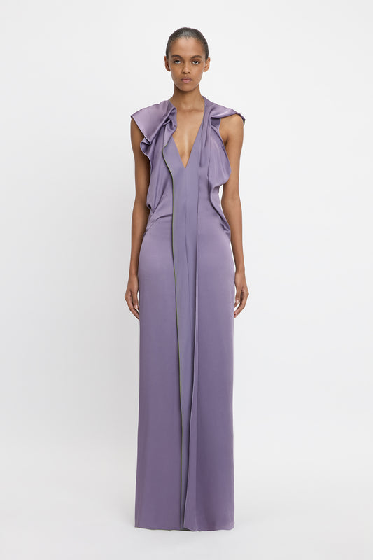 V-Neck Draped Pleat Detail Dress In Iris