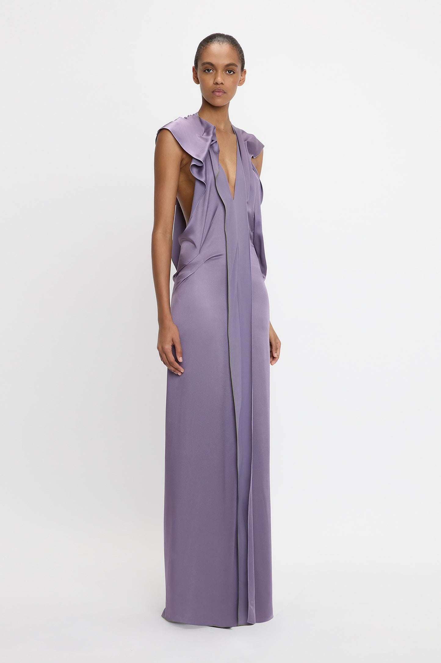 V-Neck Draped Pleat Detail Dress In Iris