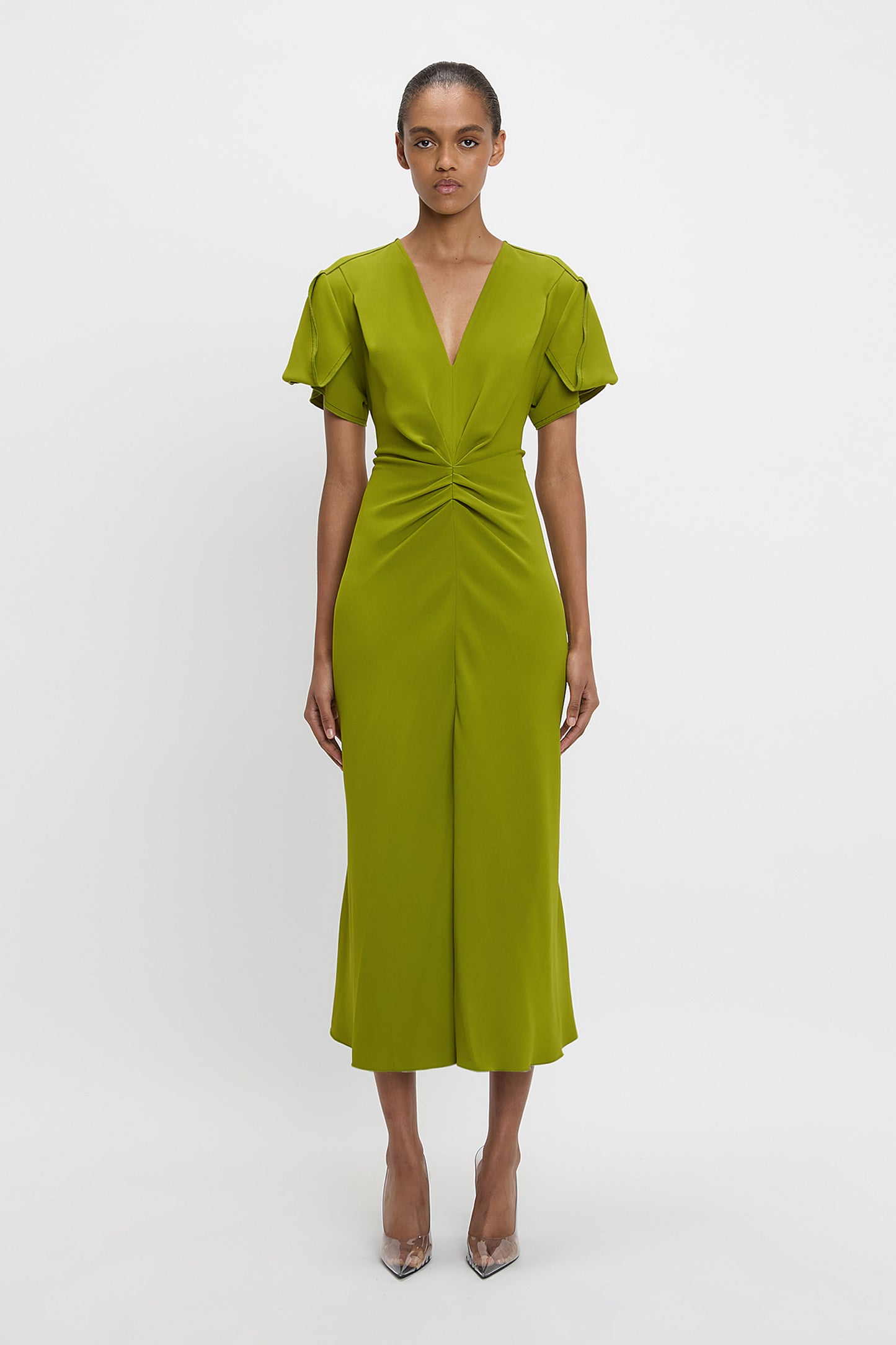 Gathered V-Neck Midi Dress In Parakeet