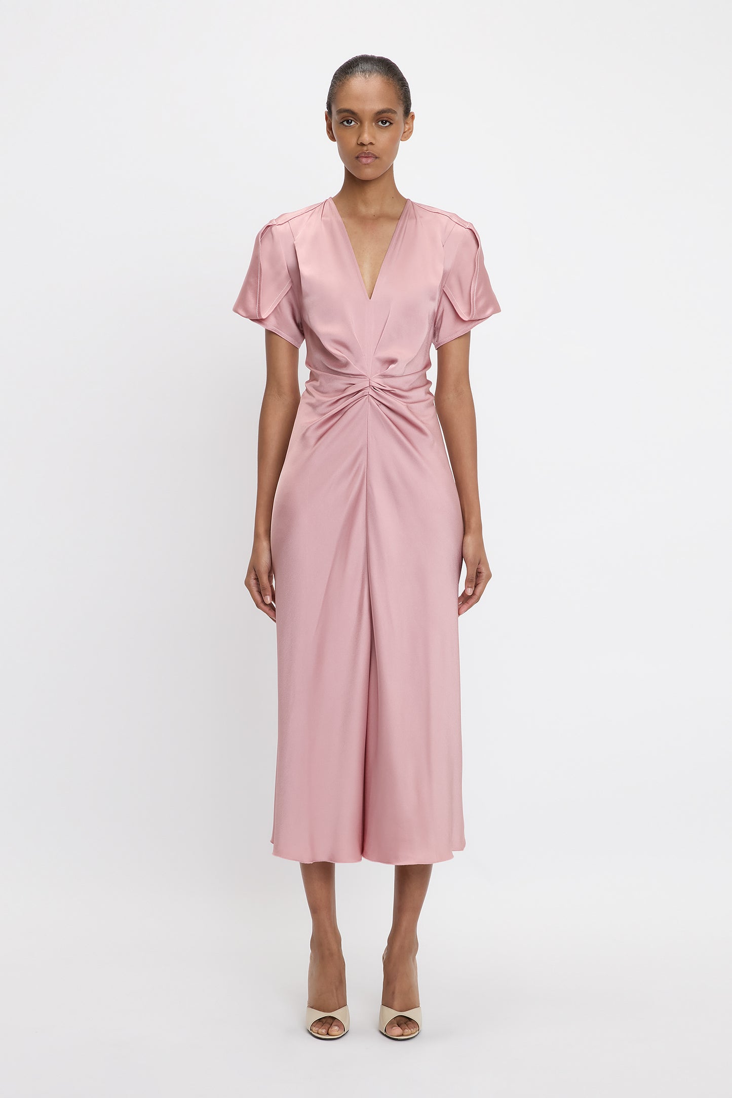 Gathered V-Neck Midi Dress In Peony