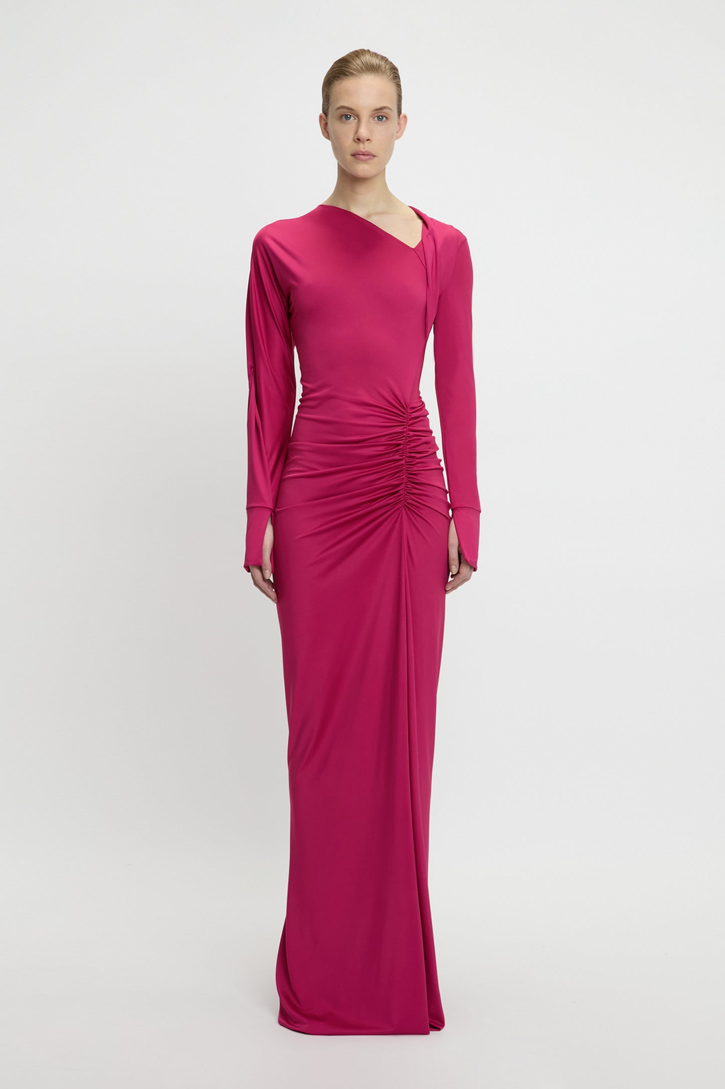 Long Sleeve Slash-Neck Gown In Cherry