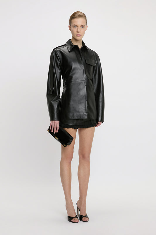 Belted Boxy Leather Jacket In Black