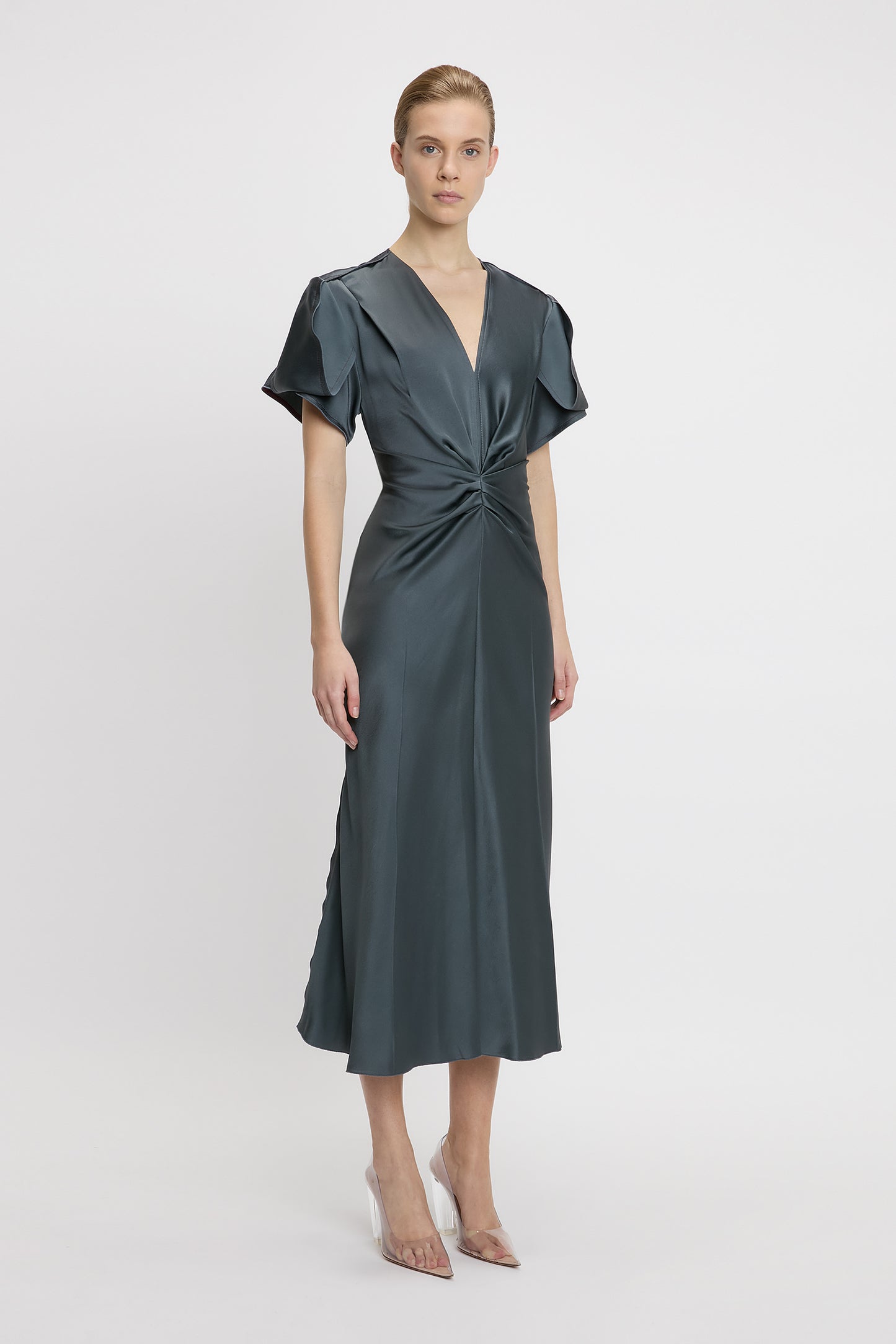 Gathered V-Neck Midi Dress In Graphite