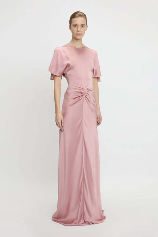 Gathered Waist Closed Back Floor-Length Dress In Peony