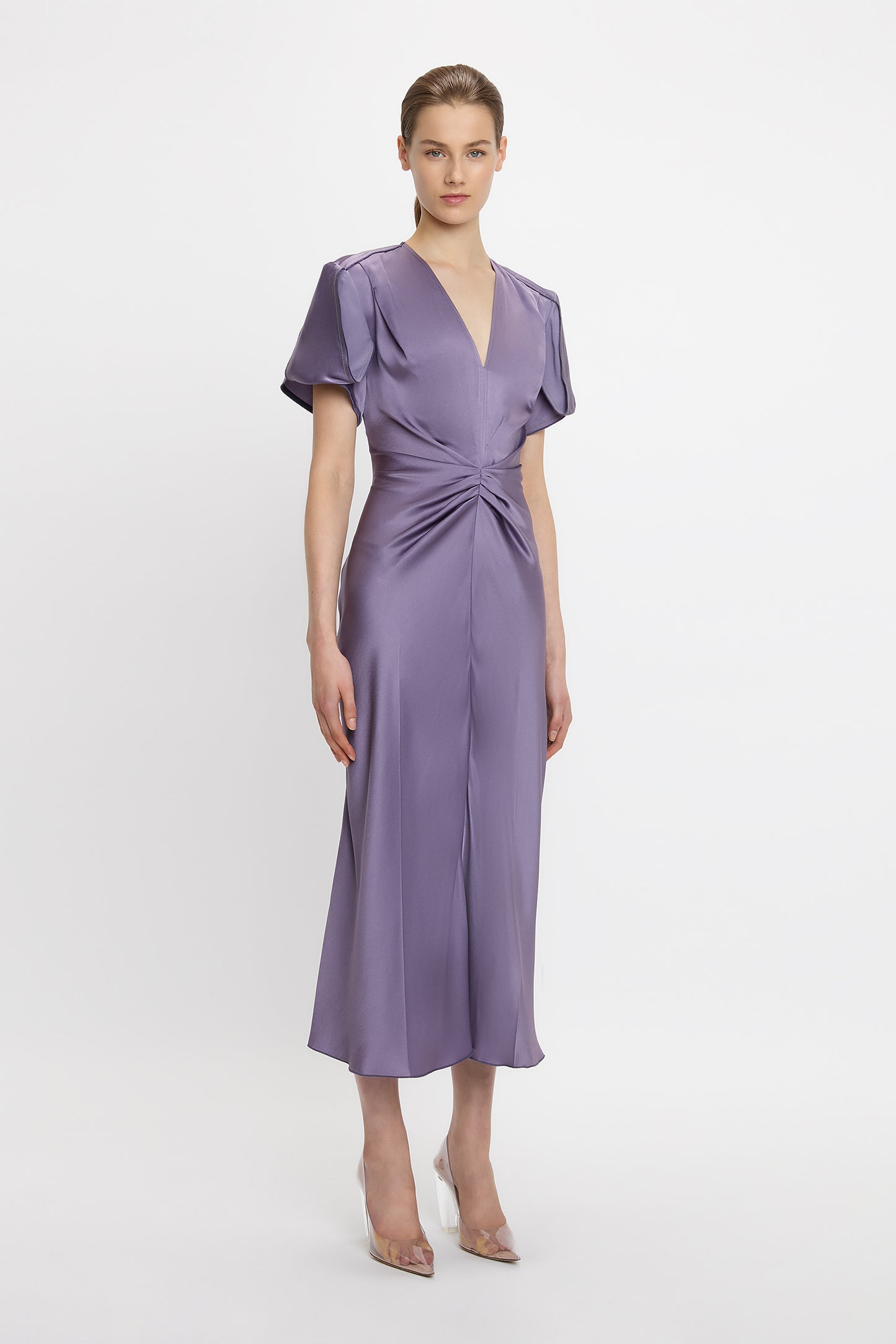 Gathered V-Neck Midi Dress In Iris