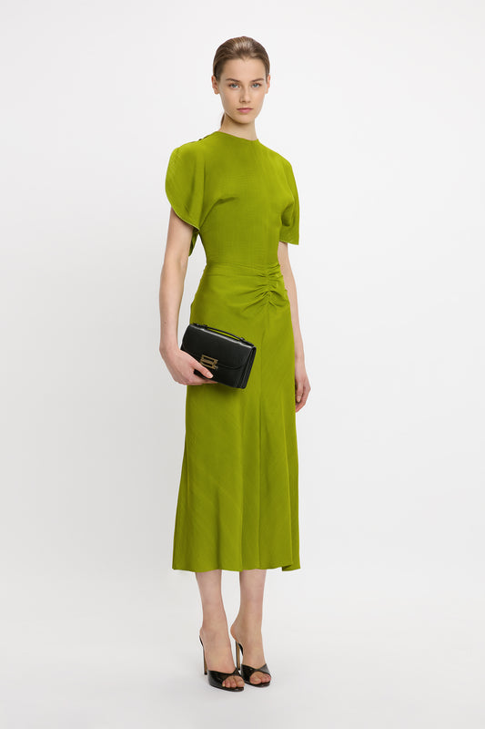 Gathered Waist Midi Dress In Parrot Green