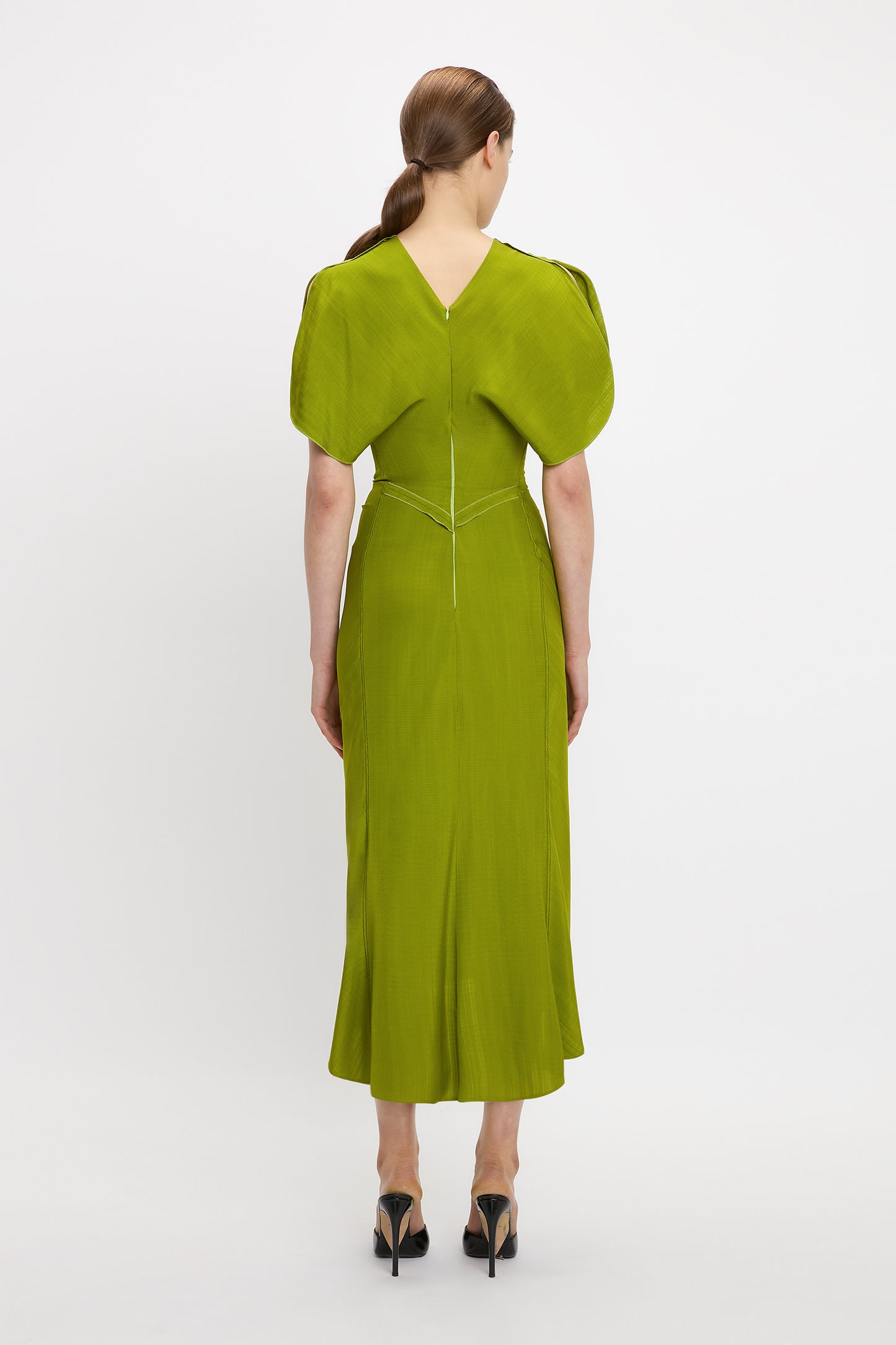 Gathered Waist Midi Dress In Parrot Green