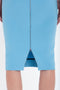 A close-up of the back of a person wearing a periwinkle blue skirt with a zipper partially opened, reminiscent of Victoria Beckham's Exclusive Fitted T-Shirt Dress In Periwinkle Blue.