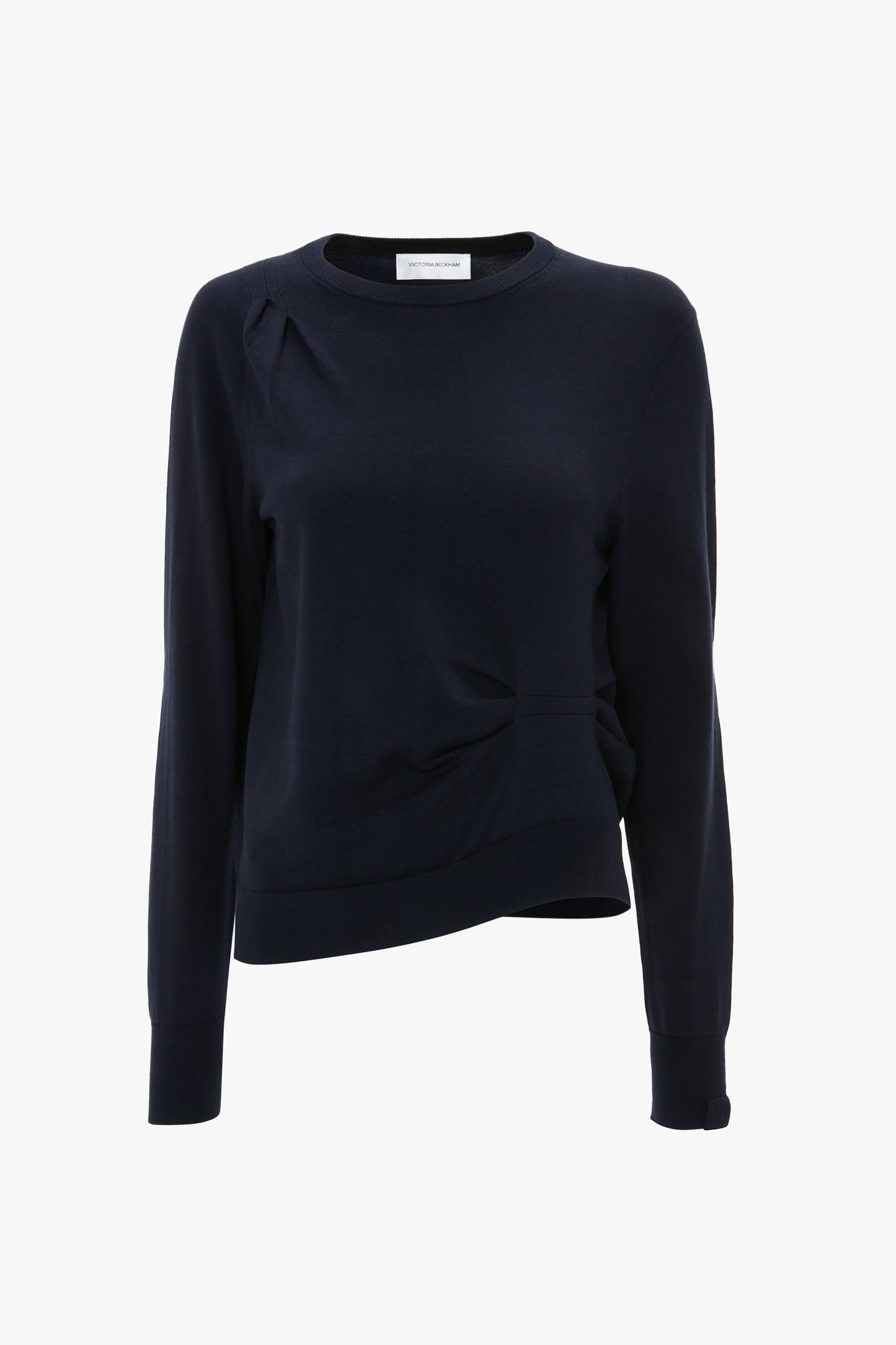 Draped Pleat Detail Crew Neck Top In Navy