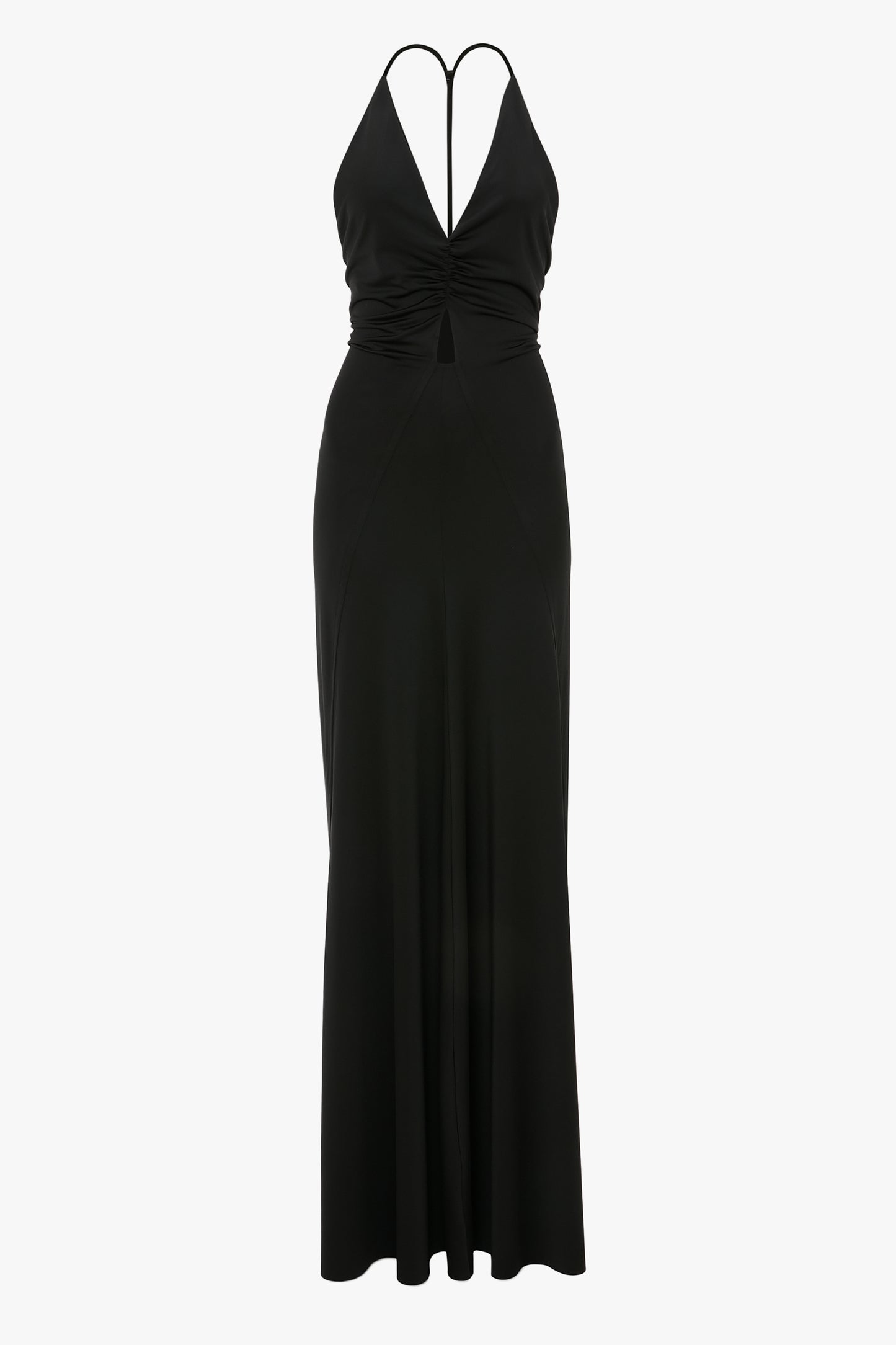 V-Neck Ruched Cami Gown In Black