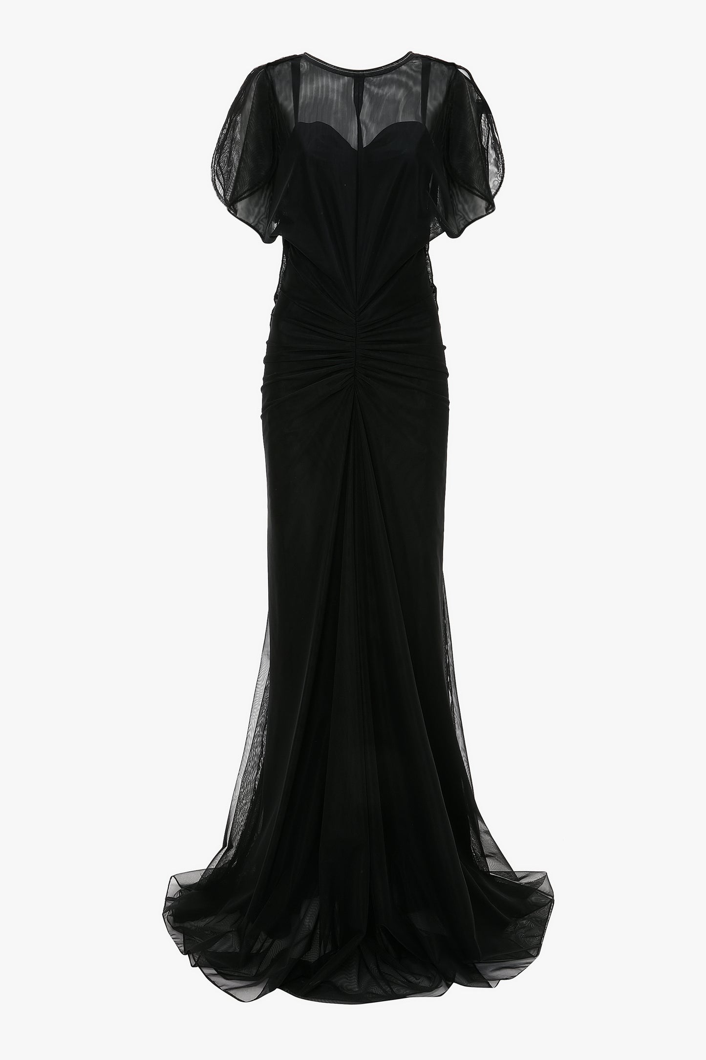 Sheer Gathered Waist Floor-Length Dress In Black