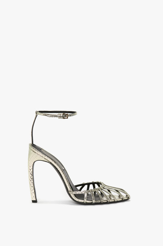 Open Toe Cage Sandal In Python Print Leather