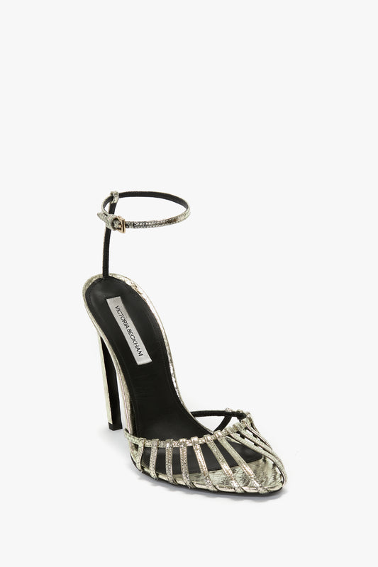 Open Toe Cage Sandal In Python Print Leather