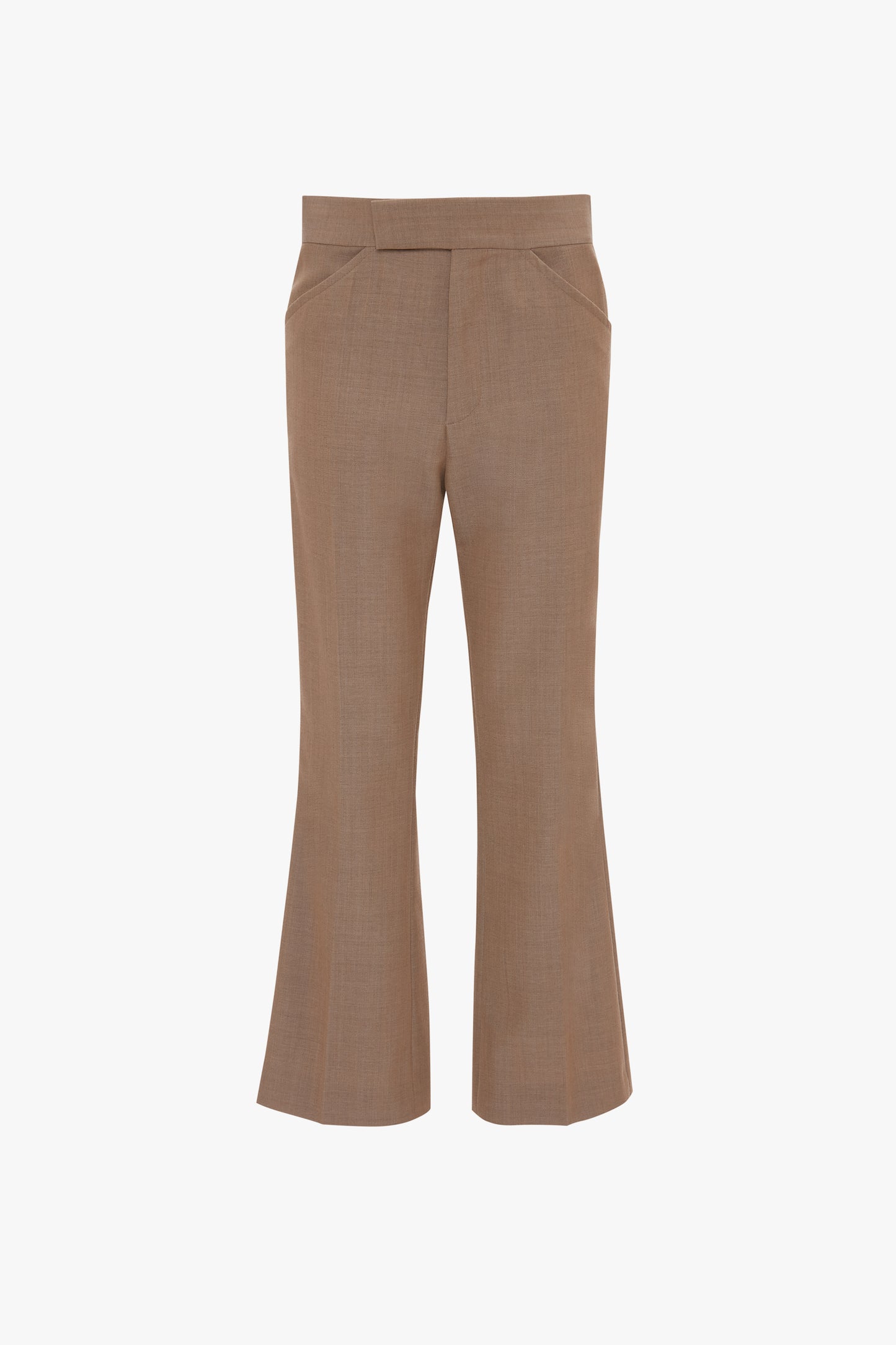 A pair of Victoria Beckham Wide Cropped Flare Trouser In Tobacco with a slight flare at the bottom and front pleats, reminiscent of classic 1970s-inspired trousers.