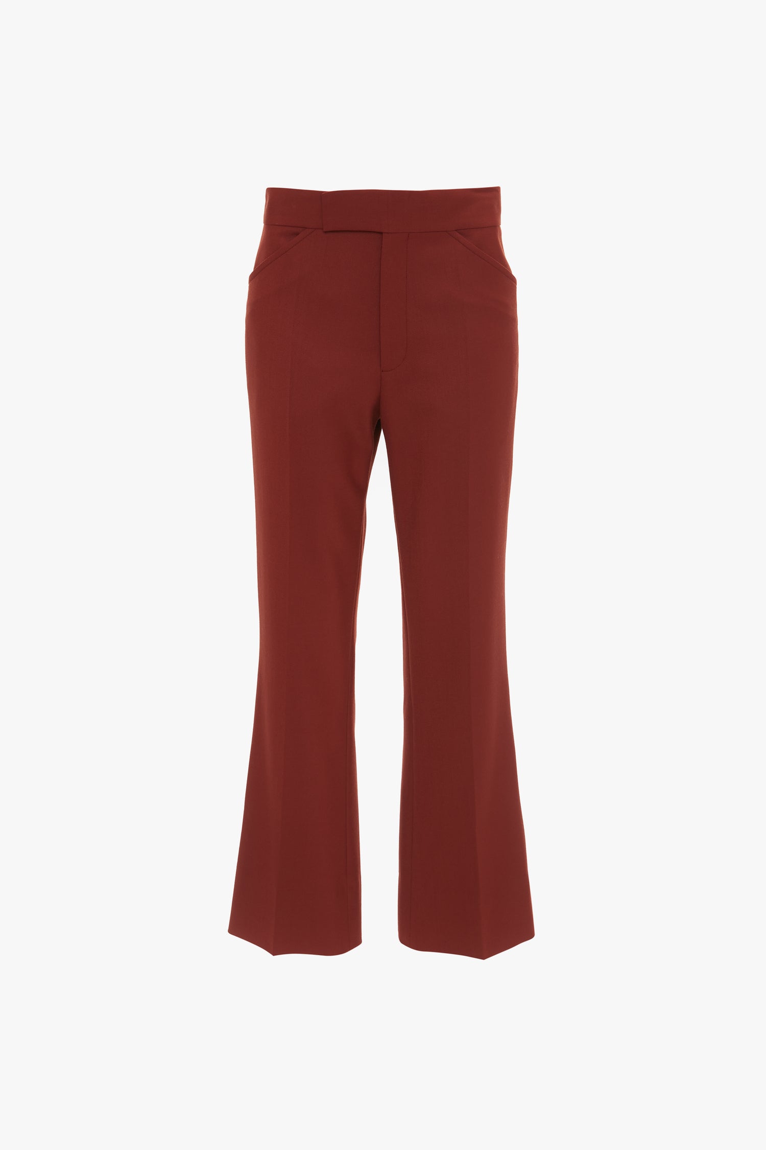 A pair of Victoria Beckham Wide Cropped Flare Trouser In Russet, featuring a tailored waistband and front pockets. These 1970s-inspired trousers add a retro chic vibe to any outfit.