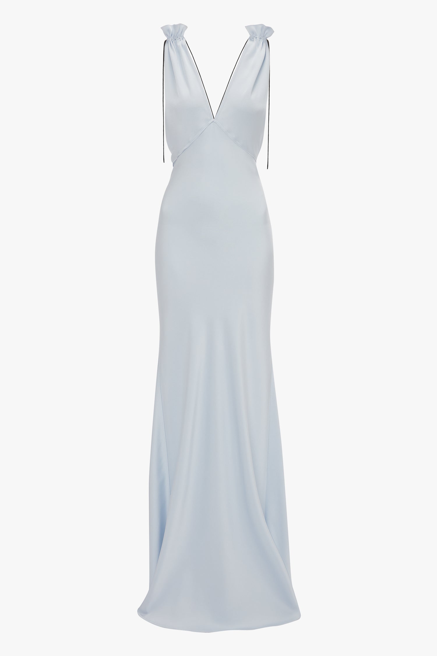 A Victoria Beckham Exclusive Gathered Shoulder Cami Floor-Length Gown In Ice Blue, displayed on a plain white background.