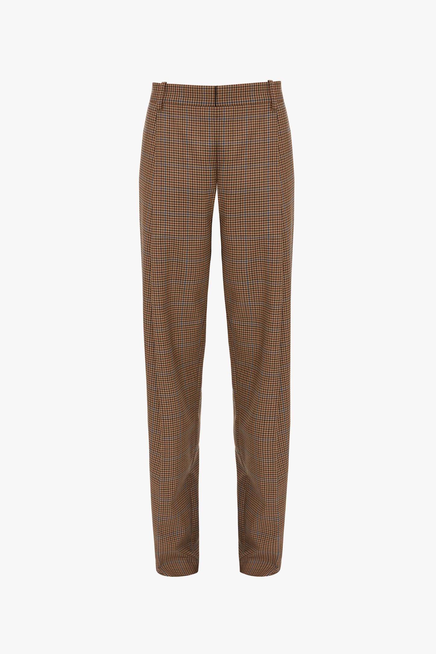 A pair of brown and beige plaid trousers with a straight leg cut reminiscent of Heritage Houndstooth, featuring a single button closure at the waist, set against a plain white background. These are the Asymmetric Chino Trouser In Tobacco/Multi by Victoria Beckham.