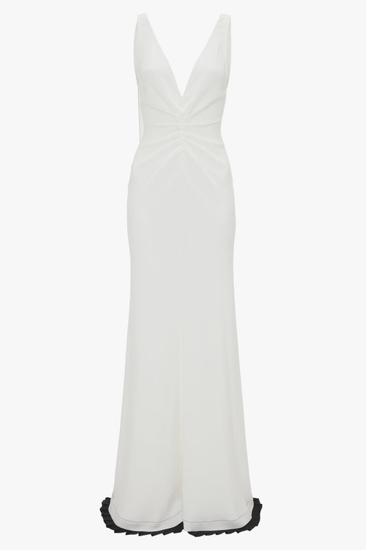 A floor-length Exclusive V-Neck Gathered Waist Floor-Length Gown In Ivory from the Victoria Beckham brand, featuring a deep V-neckline and exquisite gathered detail at the waist.