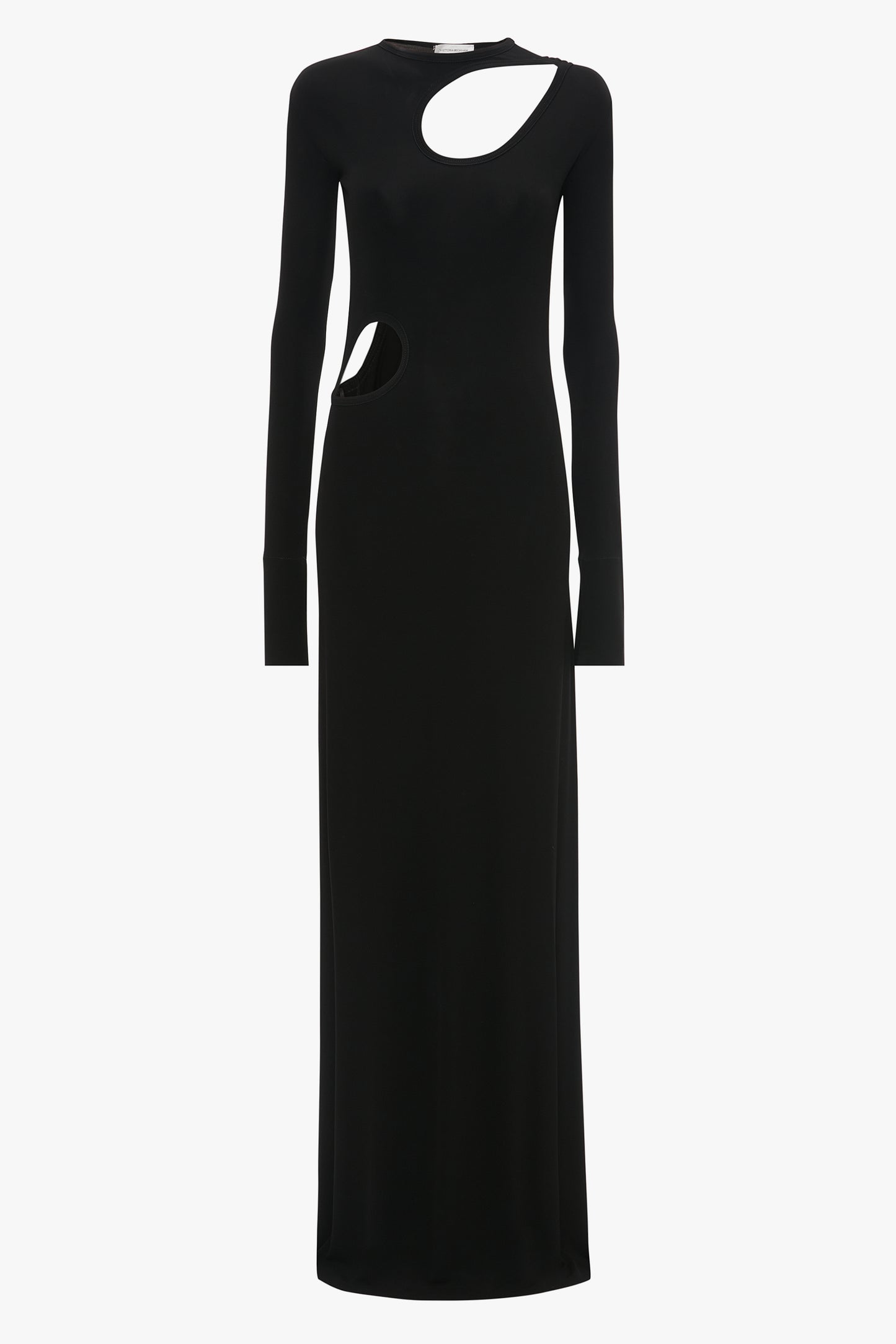 A black, long-sleeved maxi dress featuring asymmetrical cut-outs at the shoulder and waist areas, reminiscent of a Victoria Beckham Cut-Out Jersey Floor-Length Dress In Black.