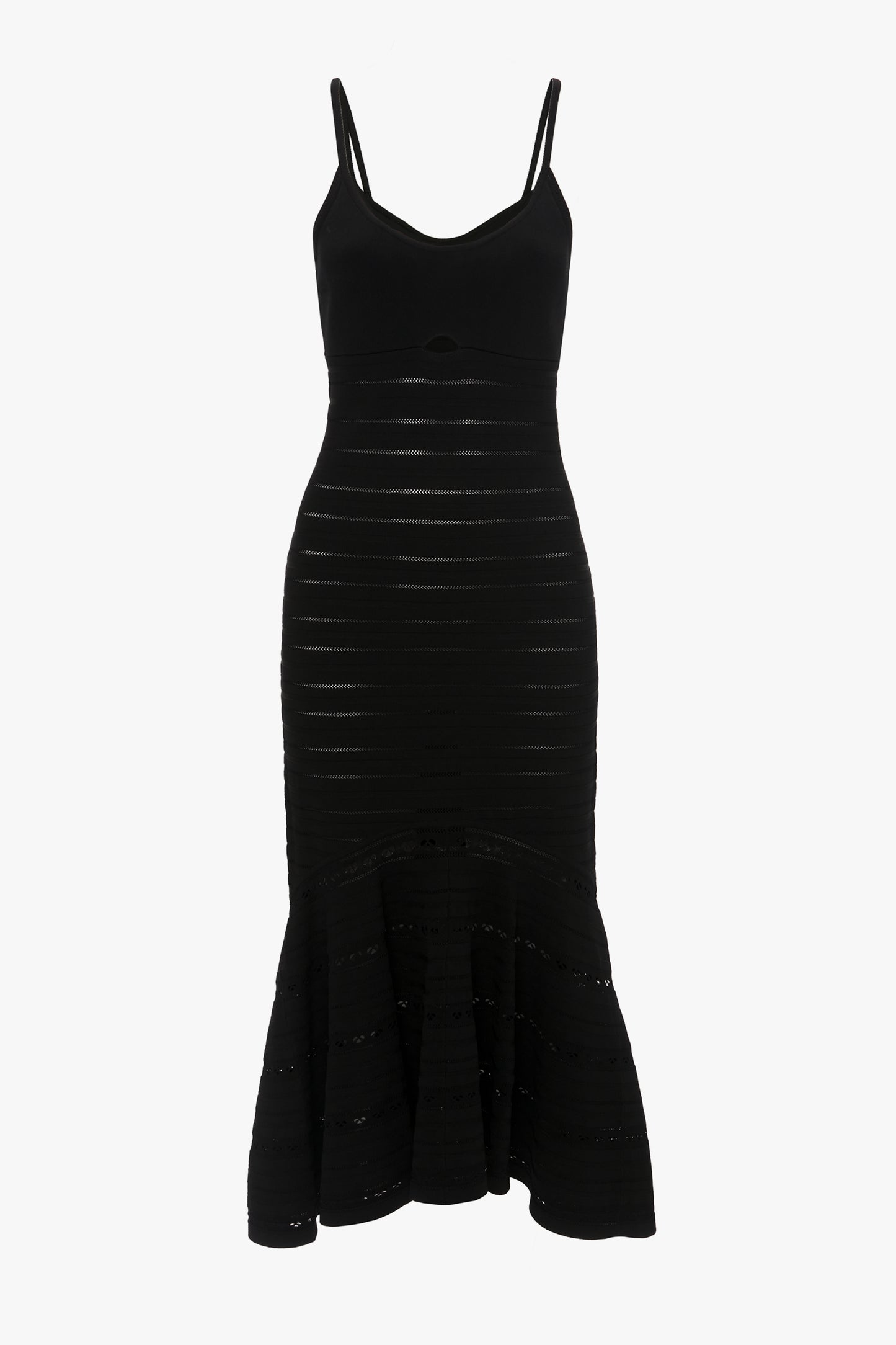 A Victoria Beckham Cut-Out Detail Cami Dress In Black with thin shoulder straps, a fitted bodice, and a flared hemline. The mid-weight stretch knit dress features a striped, semi-sheer design with alternating opaque and transparent sections.