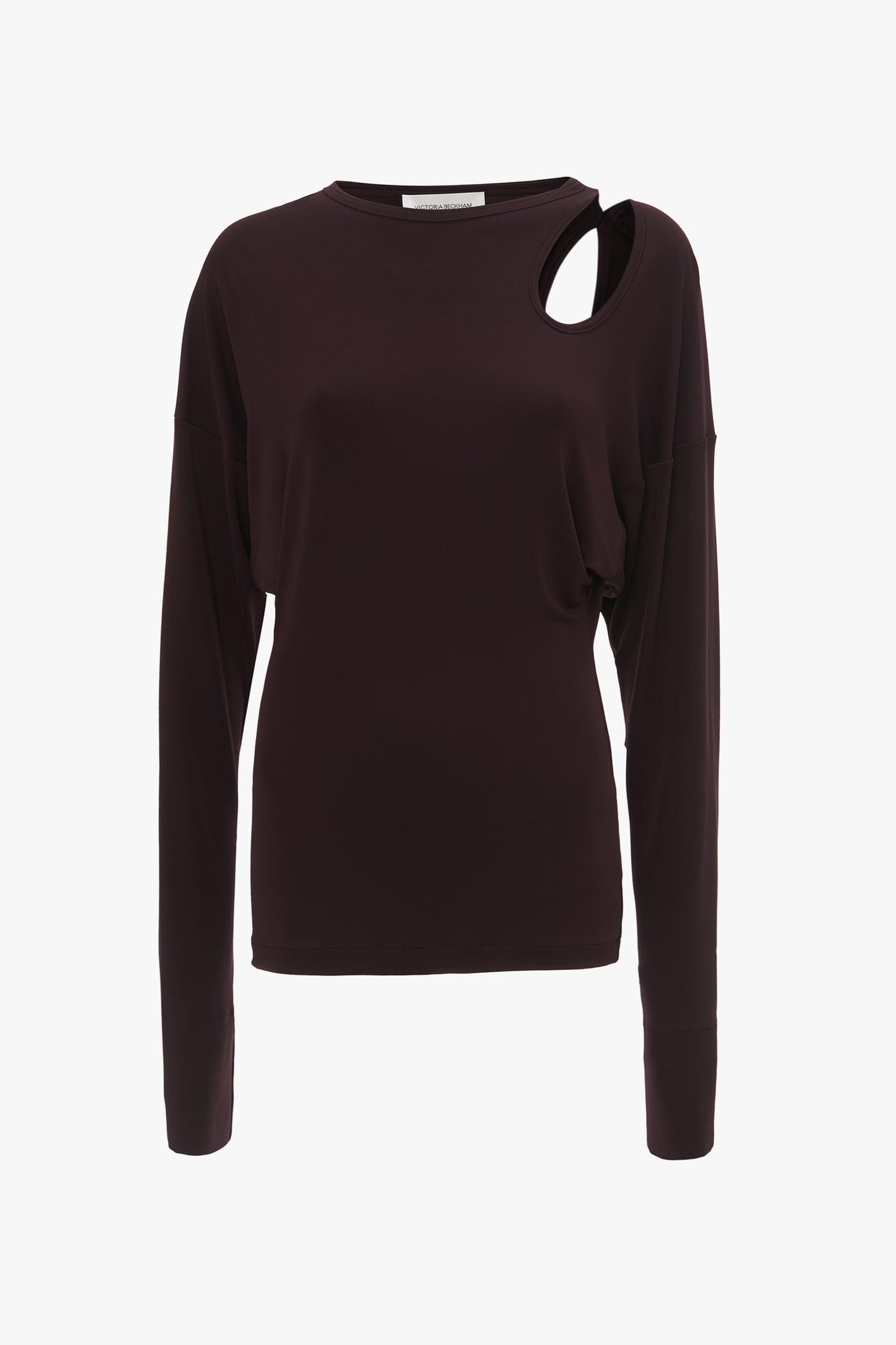 A long-sleeved, dark brown Twist Detail Jersey Top In Deep Mahogany from Victoria Beckham with a unique cut-out design near the right shoulder, exuding casual sophistication.