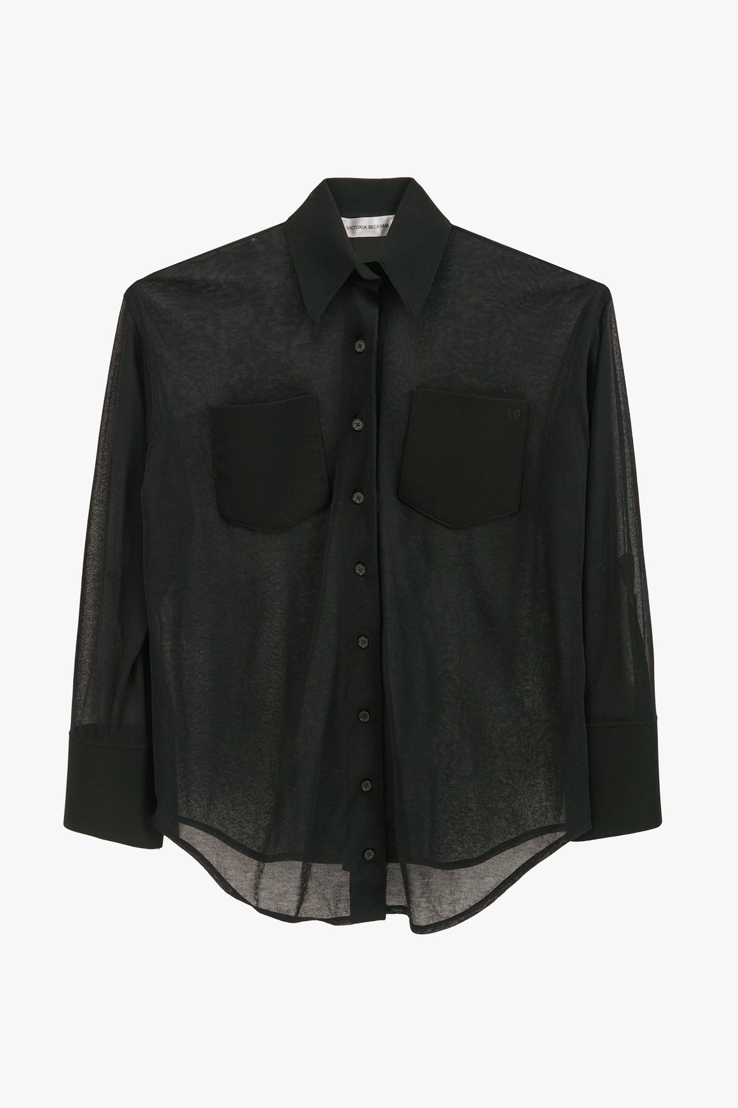 A Pocket Detail Shirt In Black by Victoria Beckham is a fine-gauge knit translucent black button-up shirt with long sleeves, a collar, and two chest pockets.