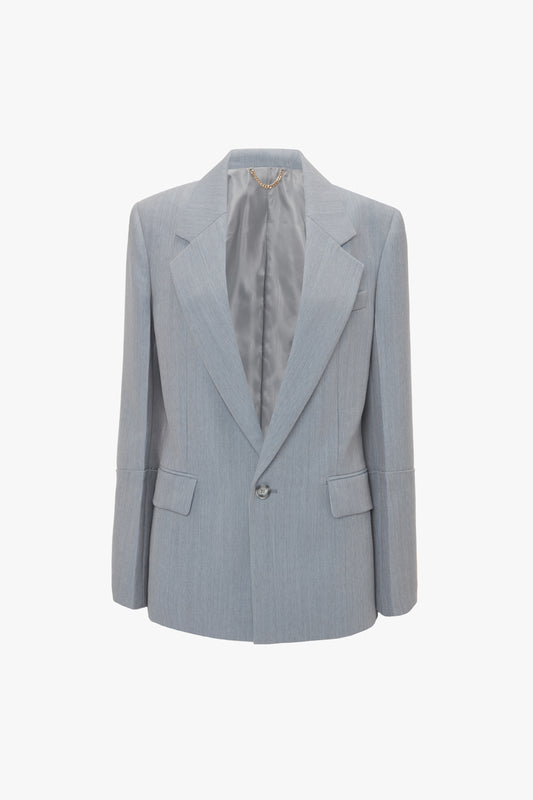 An impeccably tailored light gray Exclusive Sleeve Detail Patch Pocket Jacket In Marina by Victoria Beckham with wide lapels, a single button closure, and two front pockets against a white background.