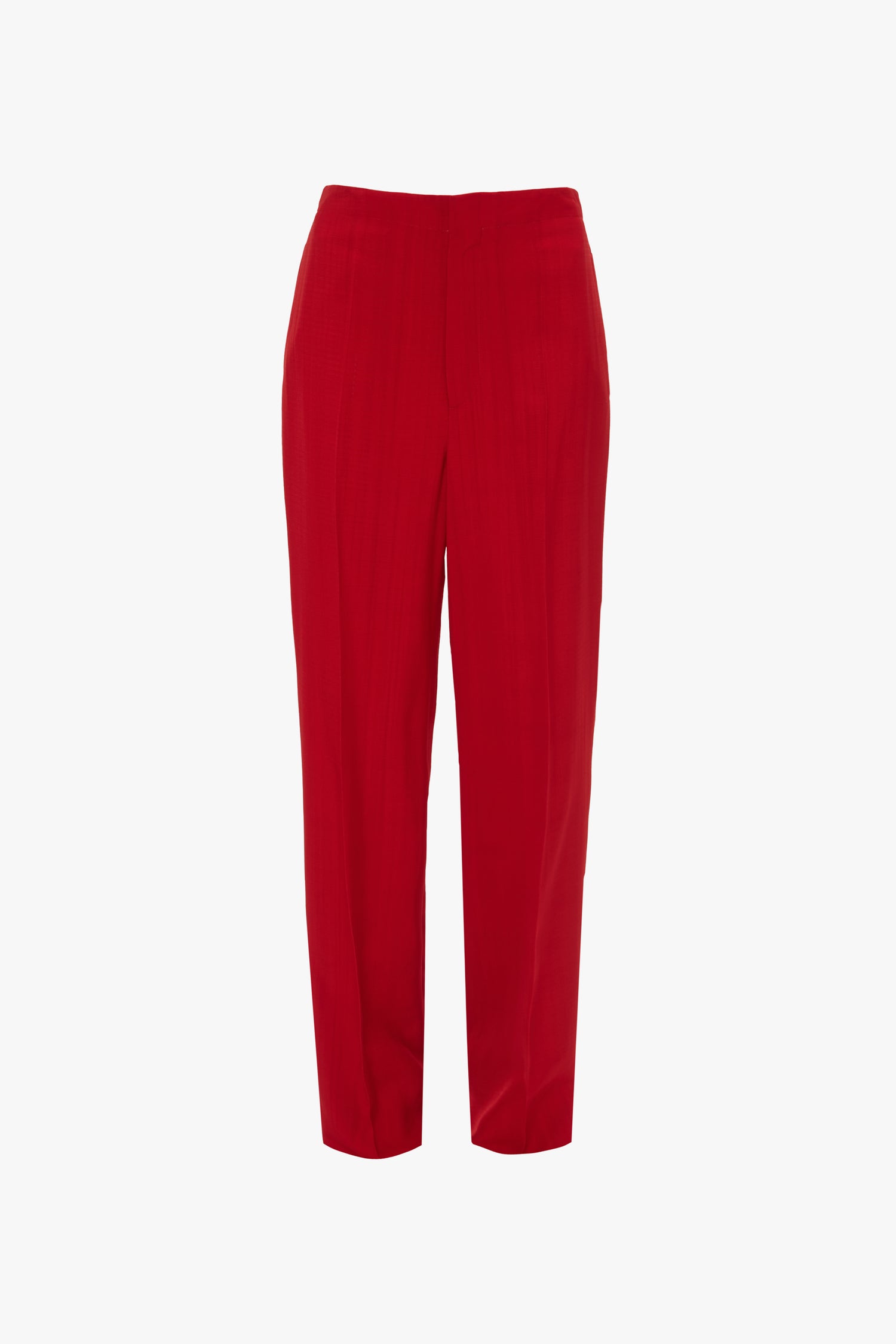 A pair of straight-leg, high-waisted Tapered Leg Trouser in Carmine from Victoria Beckham with a front seam detail, traditional tailoring elements, and a concealed waistband closure.