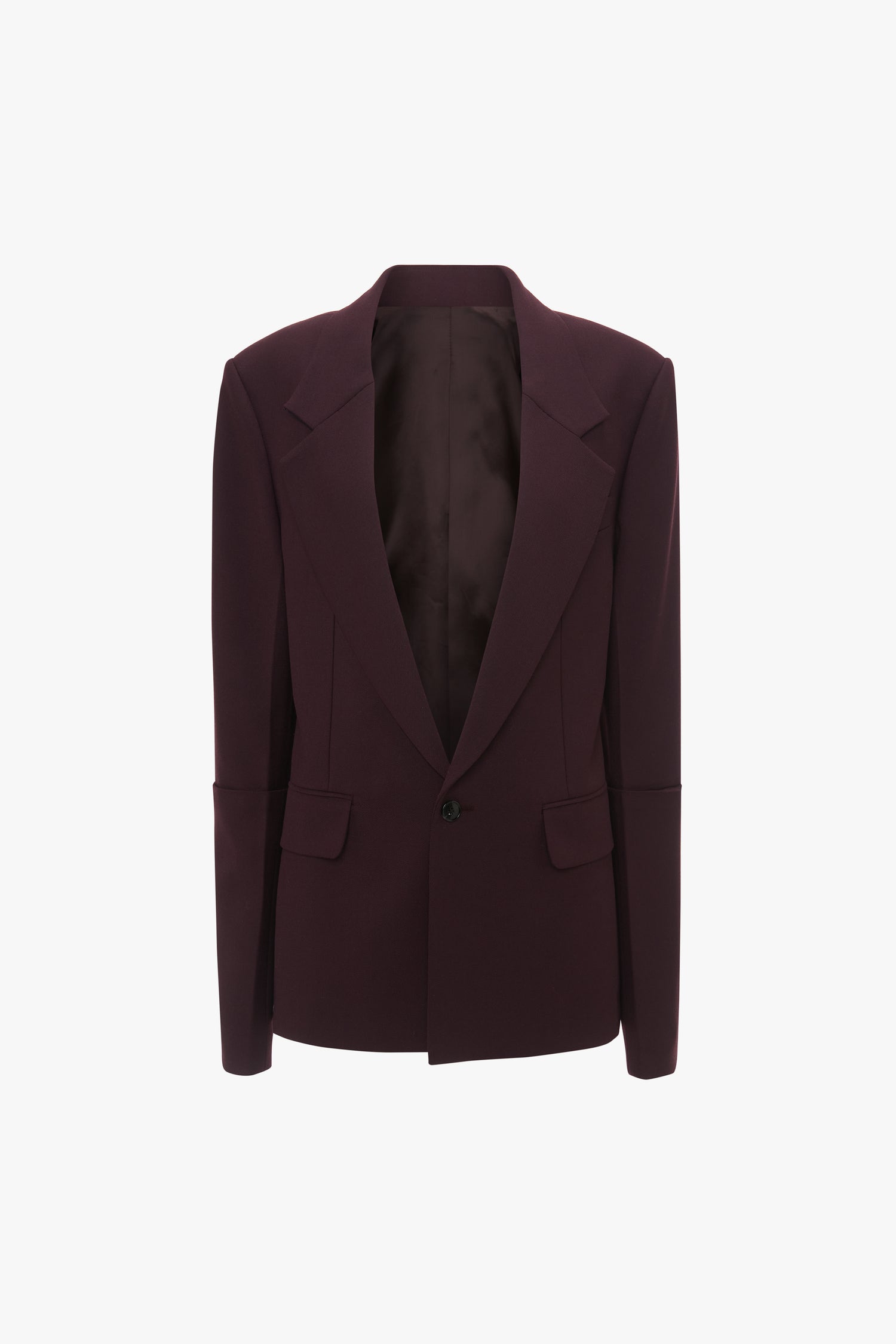 Victoria Beckham Sleeve Detail Patch Pocket Jacket In Deep Mahogany with a single button closure, notched lapels, and two front pockets on a white background, crafted from recycled wool.