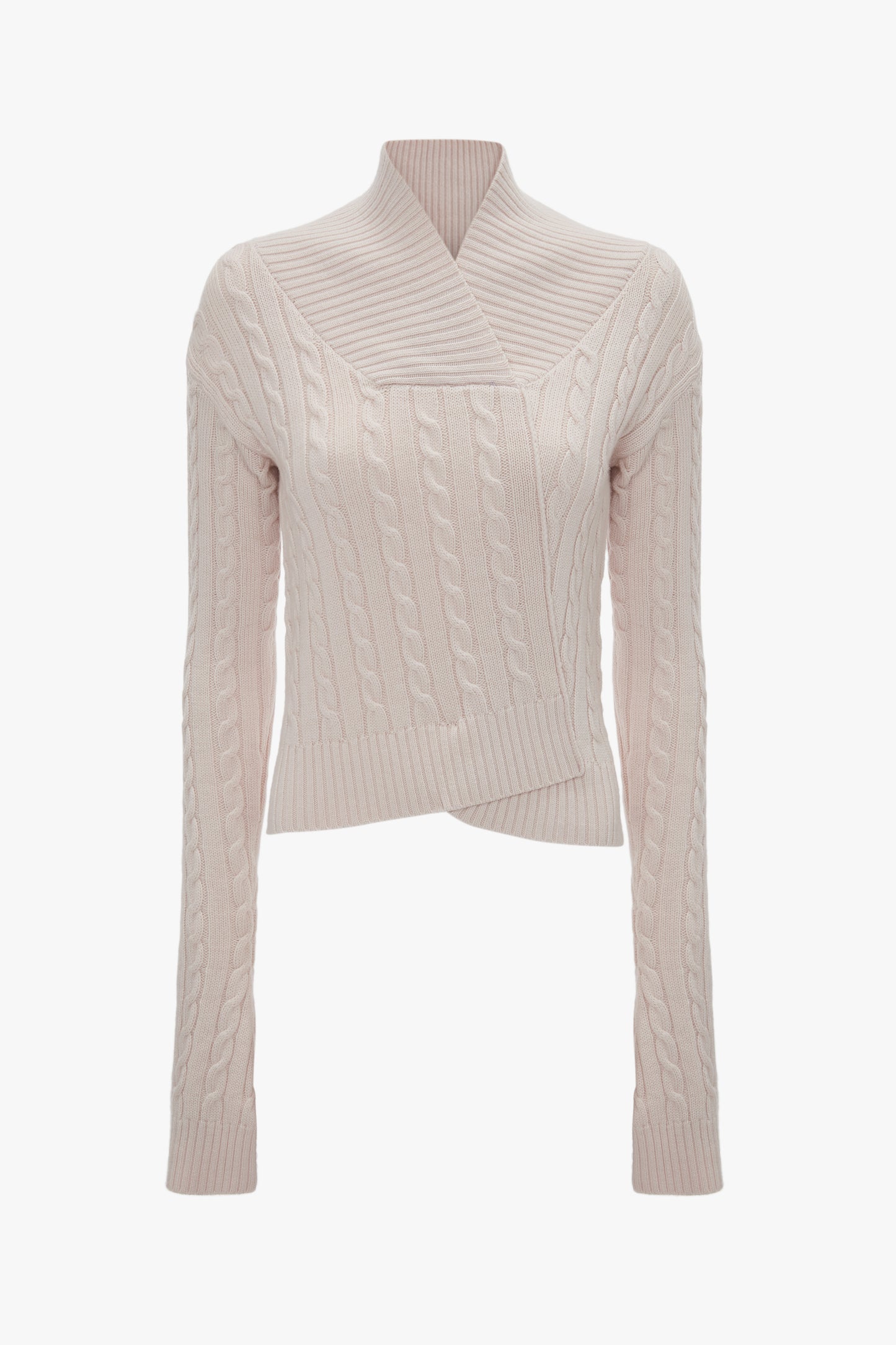 Beige, long-sleeve, cable-knit Wrap Detail Jumper In Bone crafted from luxurious merino wool by Victoria Beckham, featuring a cross-over front design and a high neckline. Perfect for those who appreciate refined elegance in their wardrobe.