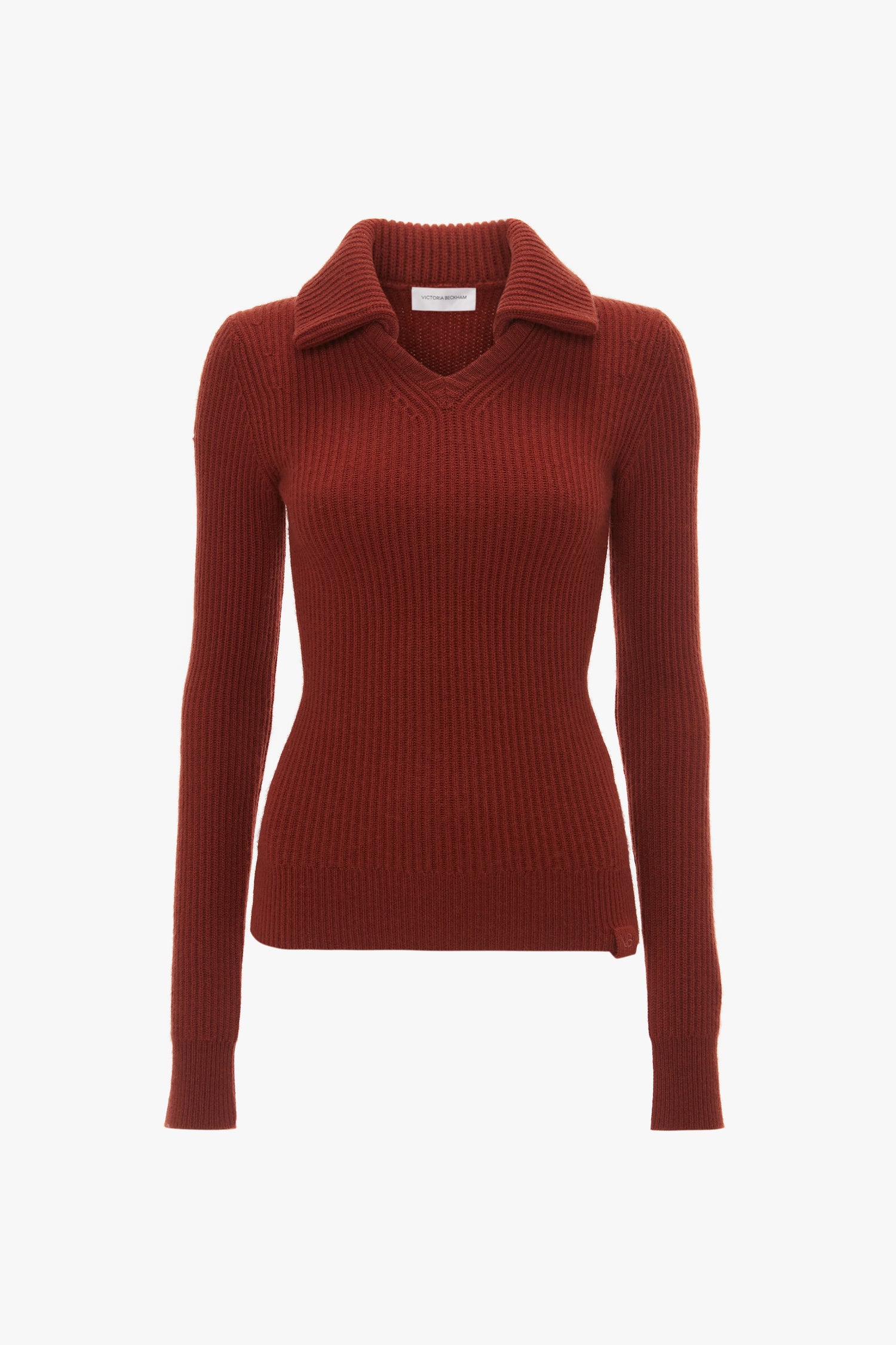 A Double Collared Jumper In Russet by Victoria Beckham, with a V-neck, crafted in luxurious cashmere, featuring long sleeves and a slightly fitted silhouette.