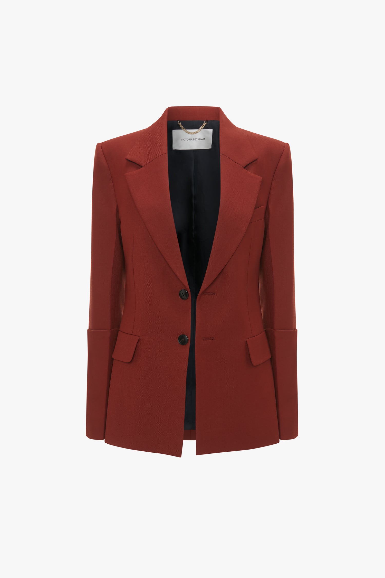 A tailored, deep red Sleeve Detail Patch Pocket Jacket In Russet by Victoria Beckham with two buttons and notched lapels. It features contemporary detailing with two front pockets with flaps and has a minimalist design.