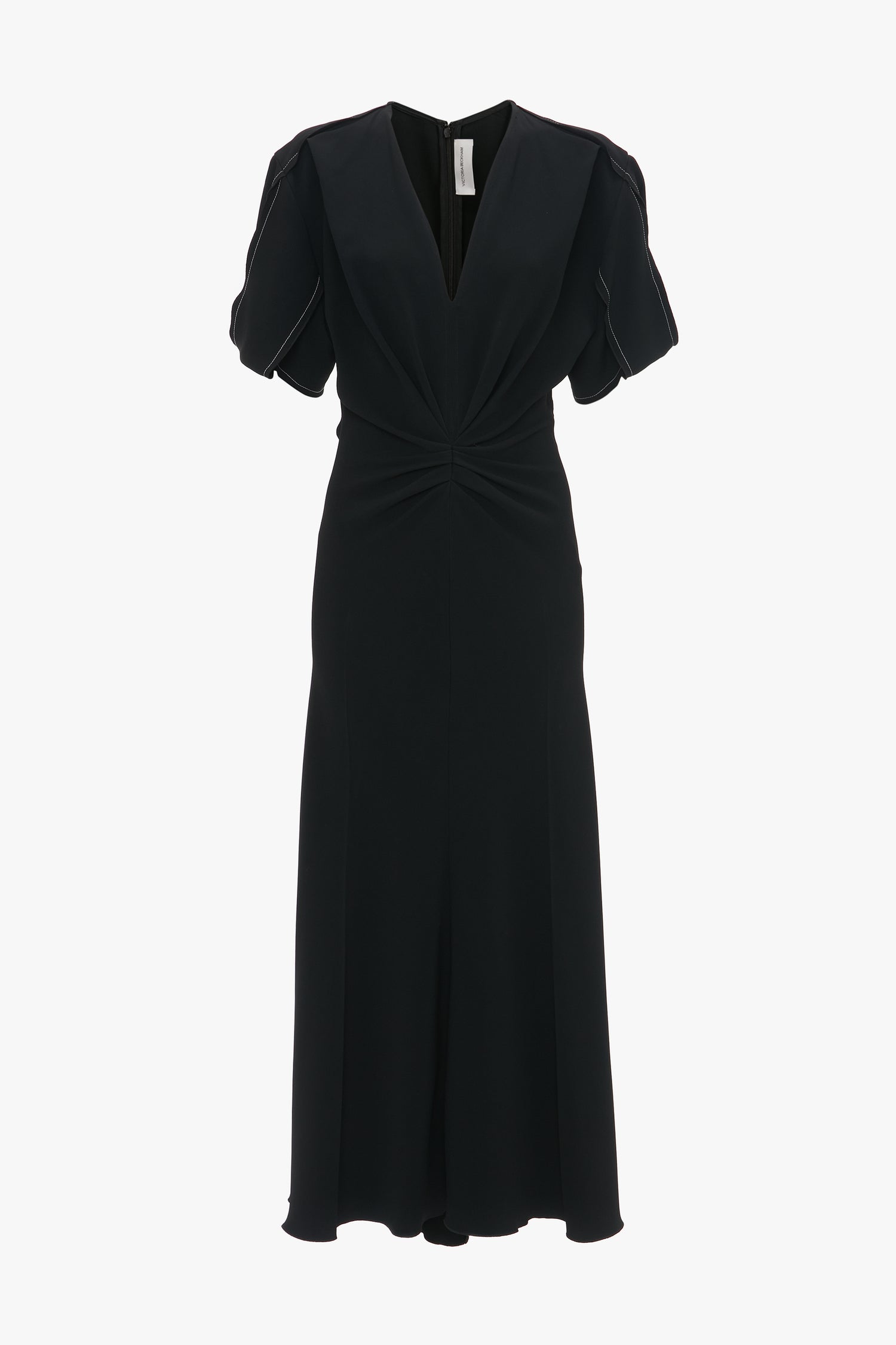 A Victoria Beckham Gathered V-Neck Midi Dress in Black, featuring short, puffed sleeves, a deep V-neckline, and a cinched waist detail crafted from figure-flattering stretch fabric for a chic and contemporary edge.